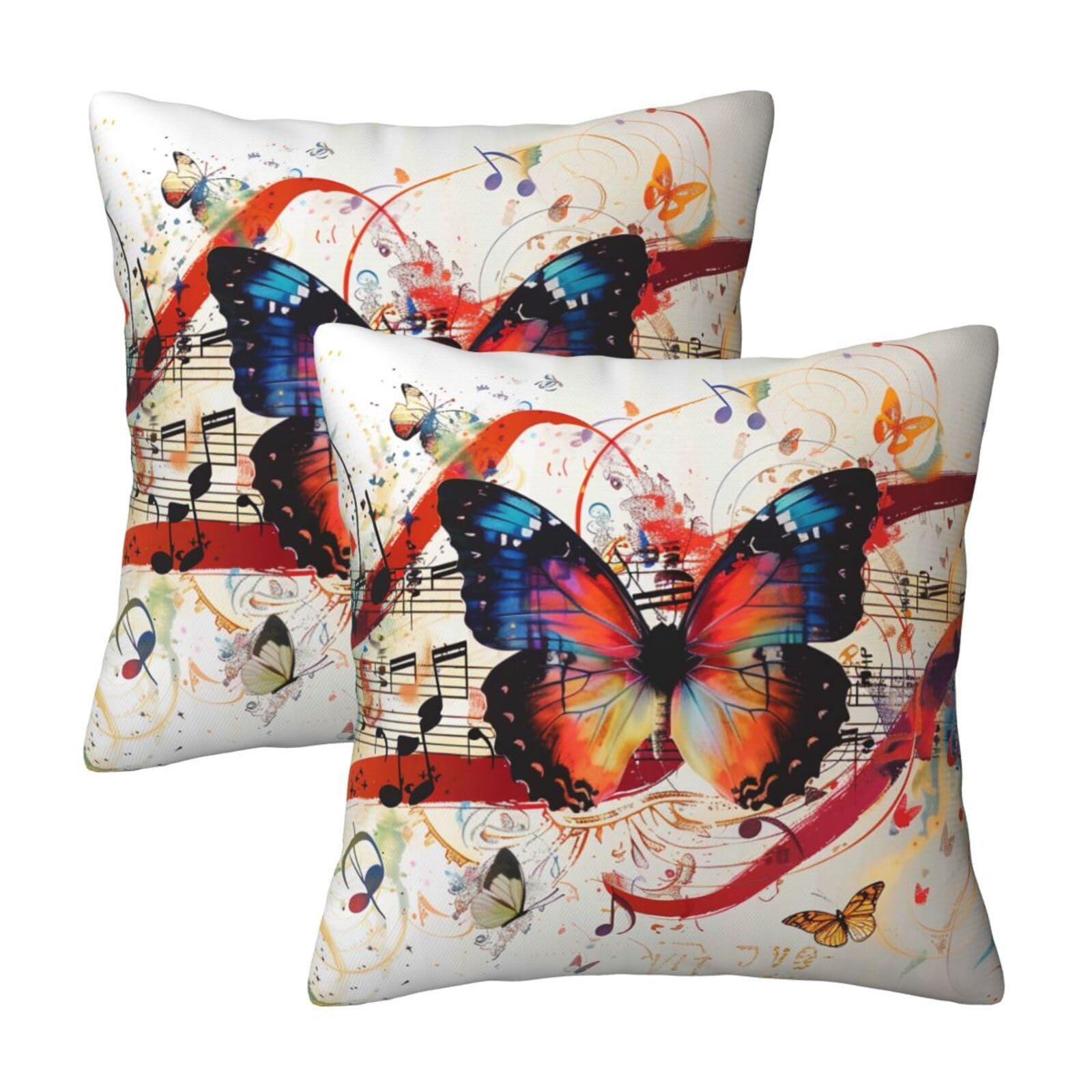 kkvhhyuo Musica Butterfly Print Pillow Covers Set of 2, Square Decorative Cushion Covers with Hidden Zipper, Throw Pillow Cases for Living Room Sofa Bed Chair, 45x45 cm