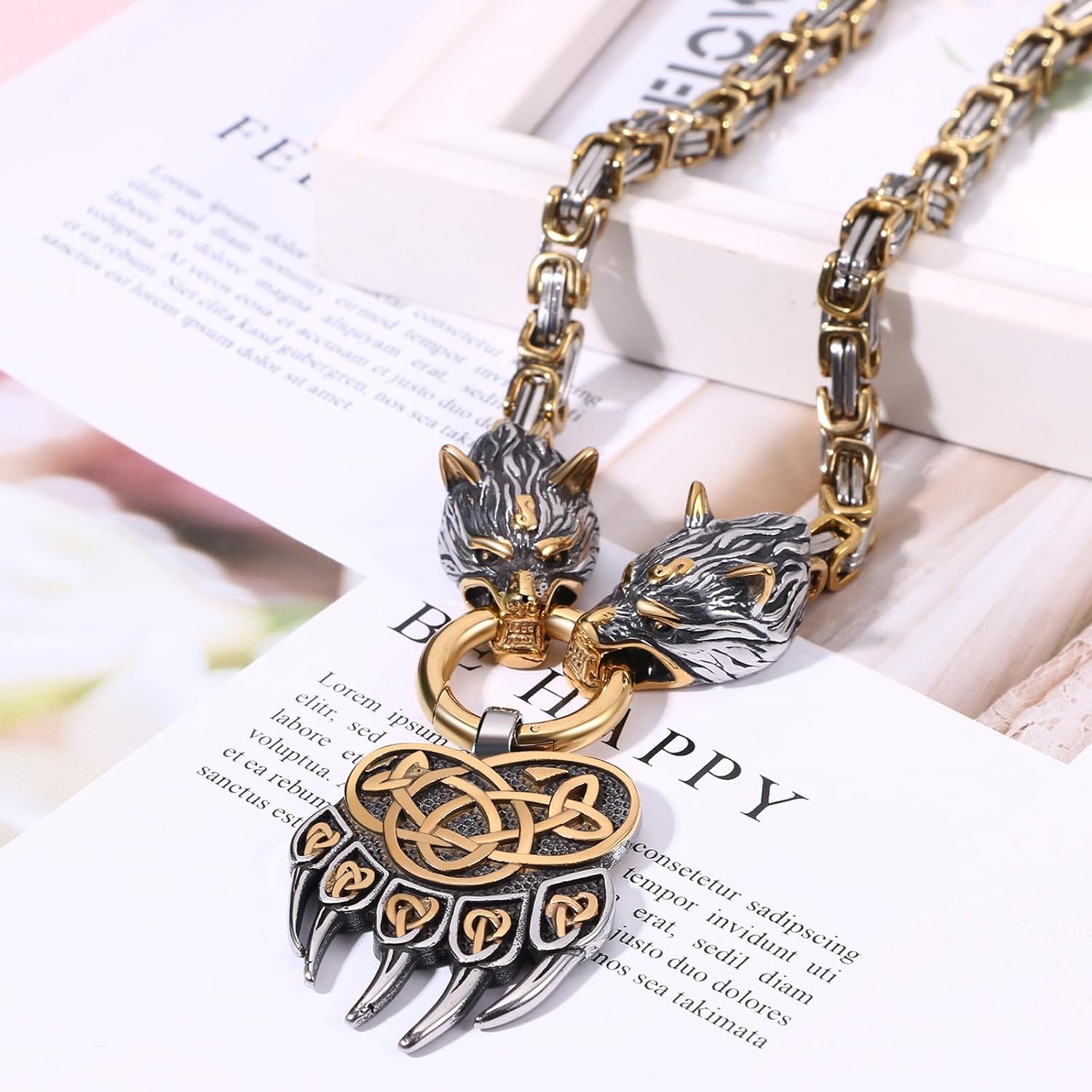 OIDEA Wolf Head Viking Necklace Bracelet for Men: Punk Gothic Byzantine King Chain Bear Claw Pendant Link Chain Bracelet Nordic Amulet Jewelry Gifts
