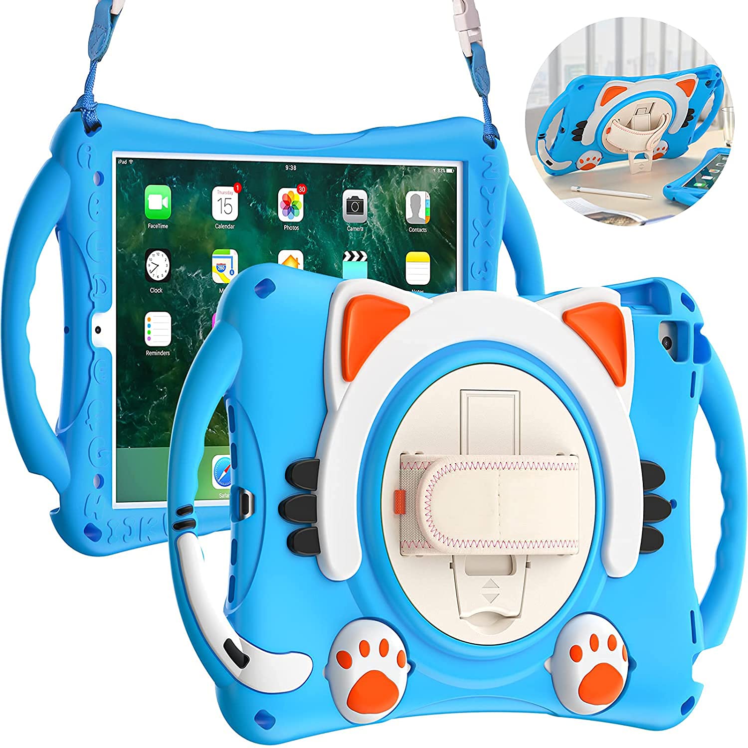 DreamerX Kids Case for iPad 10.2 20202019 - 10.5 Inch 20192017 with Strap, Shockproof Rugged Silicon Hand Strap Handle Grip Stand Carrying Shoulder Cover 8th7th Gen, Blue