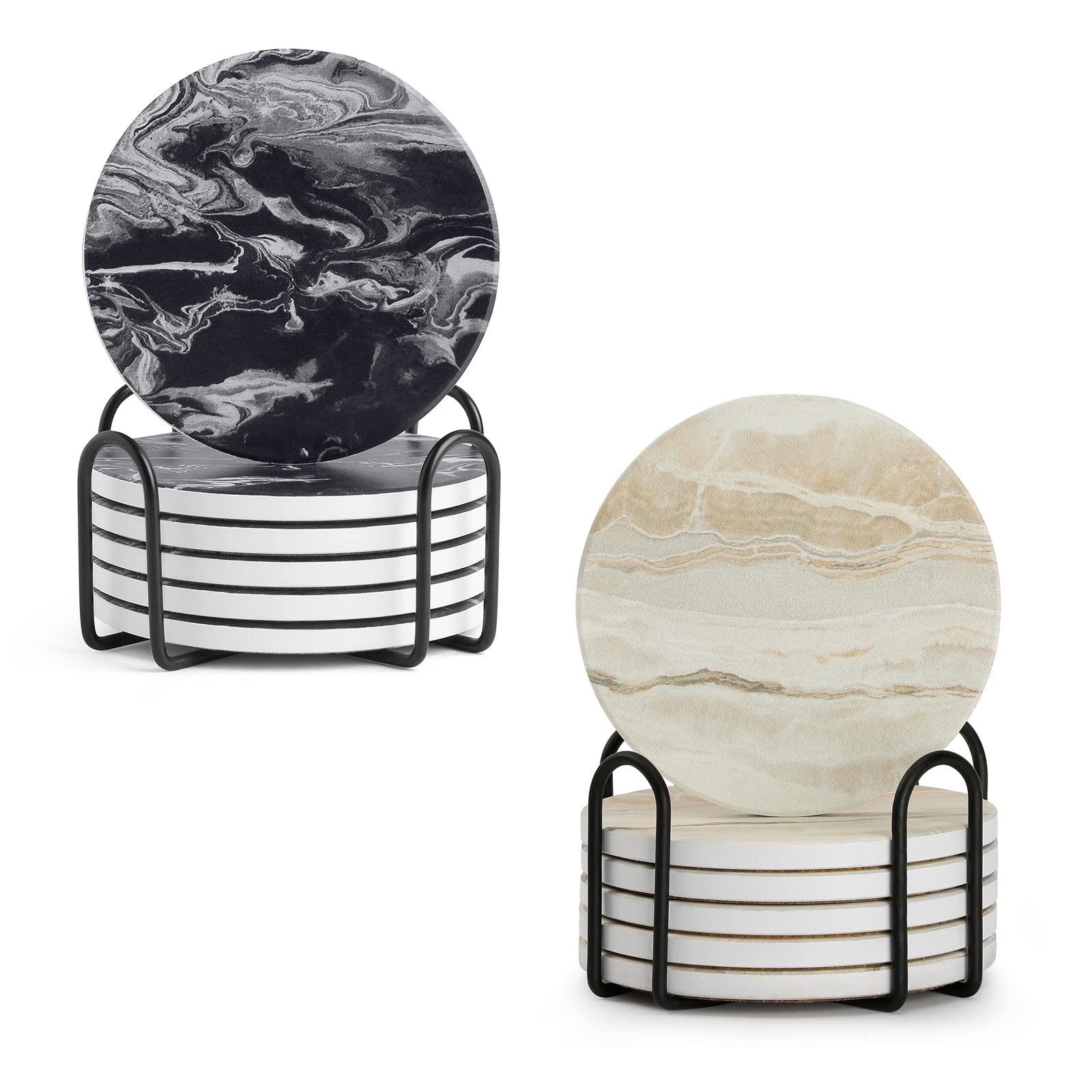 Vibiliyou 001 Coasters A Set Of 6 Absorbent Stone Coasters, Designed In Black Marble Style Ceramic, Includes A Holder And Provides Tabletop Protection For Drinks, Perfect For Home Decor