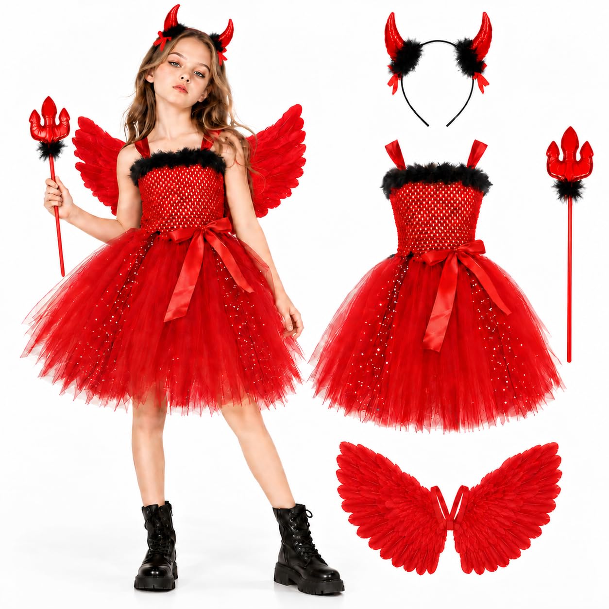 Girls Devil Costume Halloween, Devil Fancy Dress Costume with Red Dress, Horn Headband & Trident, Kids Halloween Party Outfit for Girls, 3-12 Years