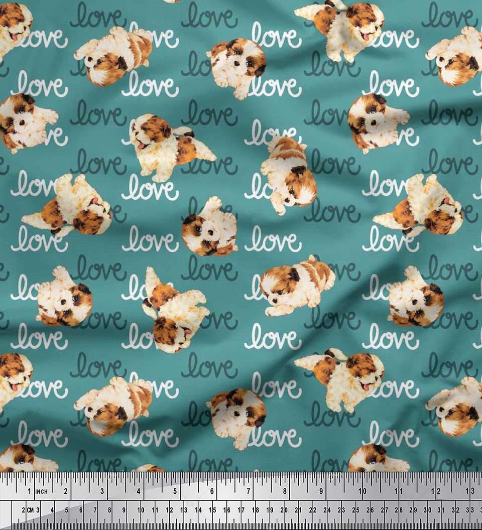 Soimoi Cotton Cambric Blue Fabric - by The Yard - 42 Inch Wide - Love Text & Puppies Dog Print Material - Heartfelt and Sweet Patterns for Pet Lovers