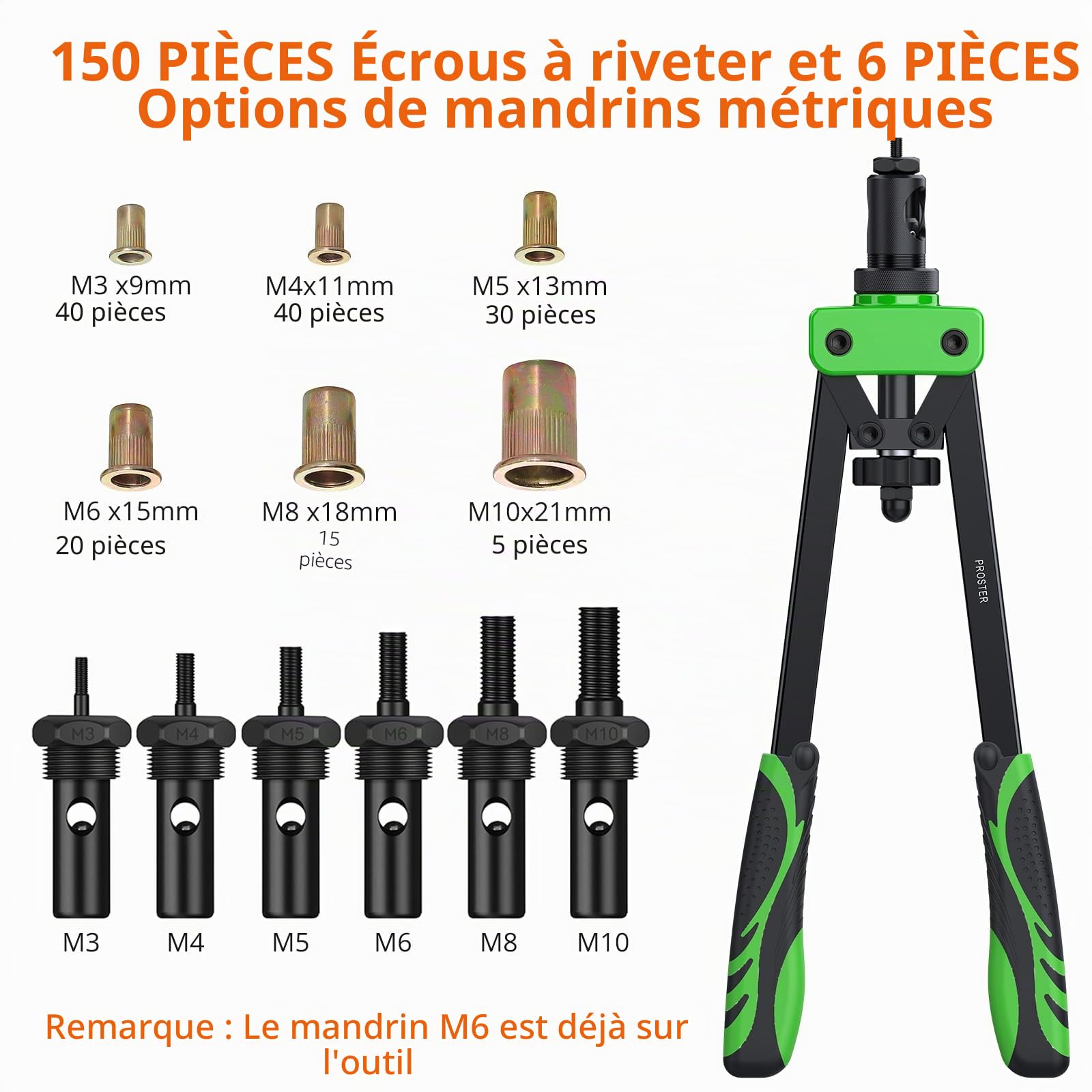 Proster 14" Riveteuse Manuelle - Pince à Insert Fileté Professionnelle avec Mandrins Interchangeables M3-M10, 150PCS Écrous, Économie d’Effort pour Réparation Auto, Métal, Atelier, Bricolage (Vert)