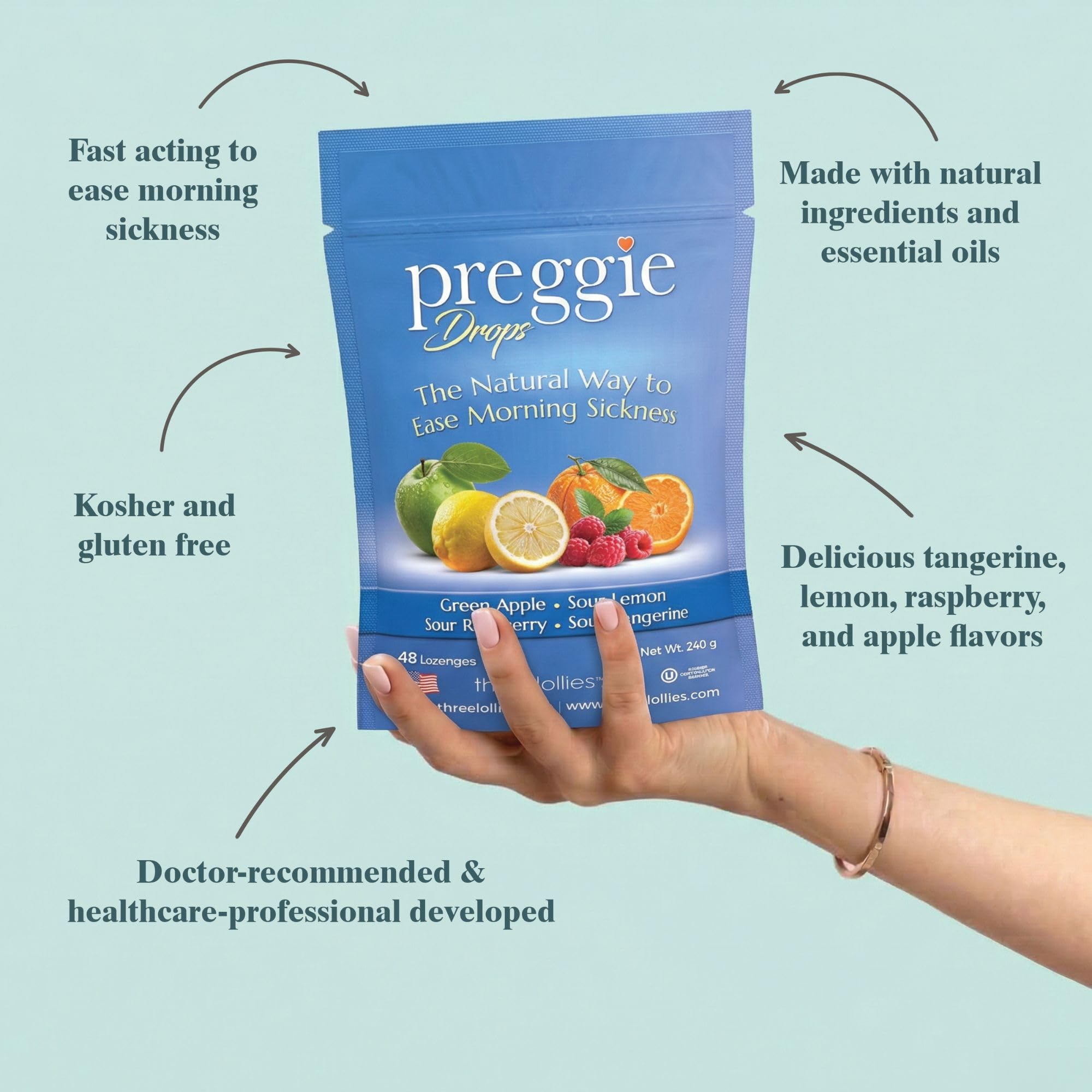 Three Lollies Preggie Pop Drops - 48 Lozenges - Ease Morning Sickness During Pregnancy, Made with Essential Oils & Fruit Extracts - Natural Lozenges for Nausea, Lemon, Tangerine, Raspberry & Apple — Amazon image 3