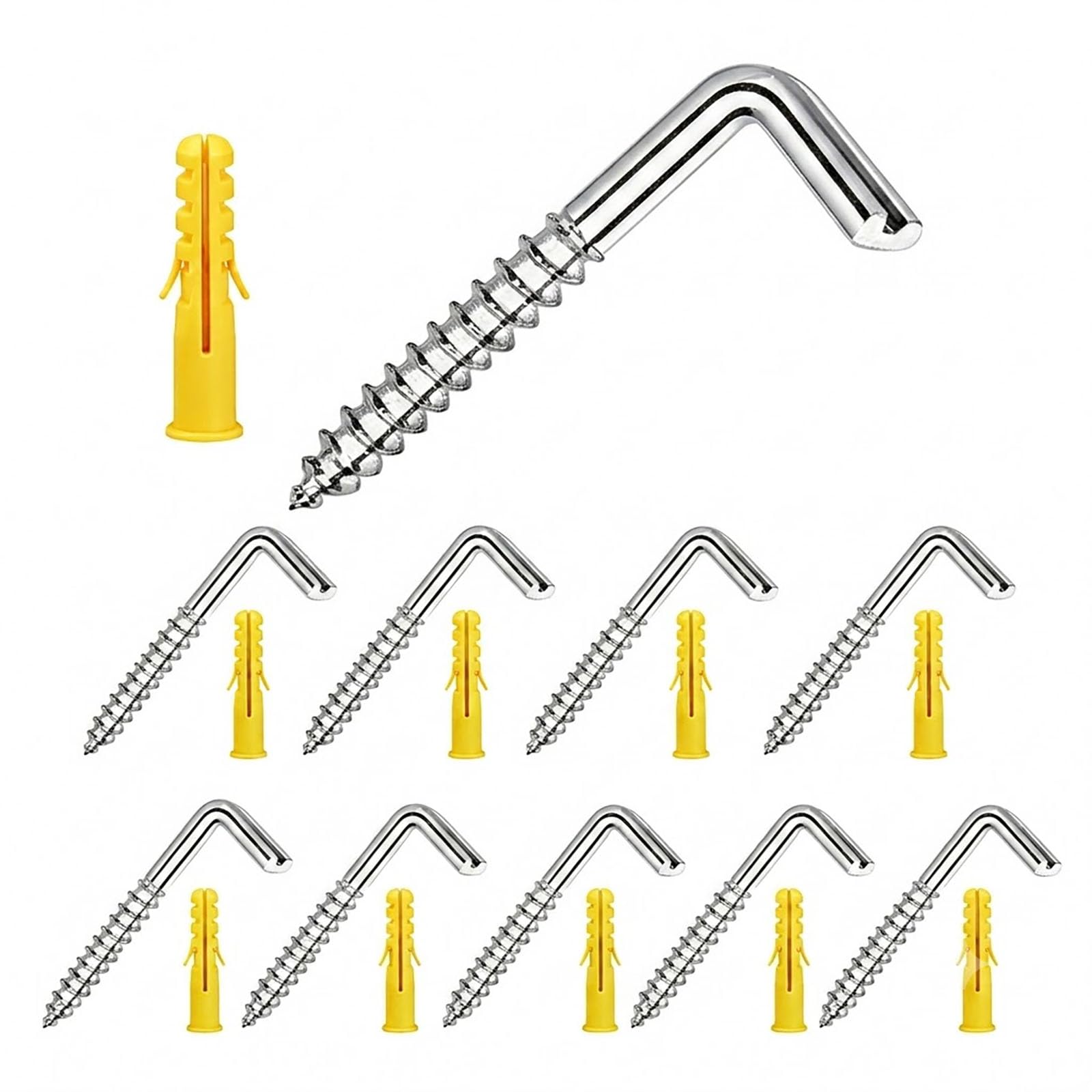 FortWeal Screw in Hooks, 5 x 40mm 10 Pack, Heavy Duty Slotted L Shaped Metal Hooks with Wall Plugs, Zinc Plated 90 Degree Self Tapping Right Angle Hook Screws, for Wood Cup Washing Line Hanging