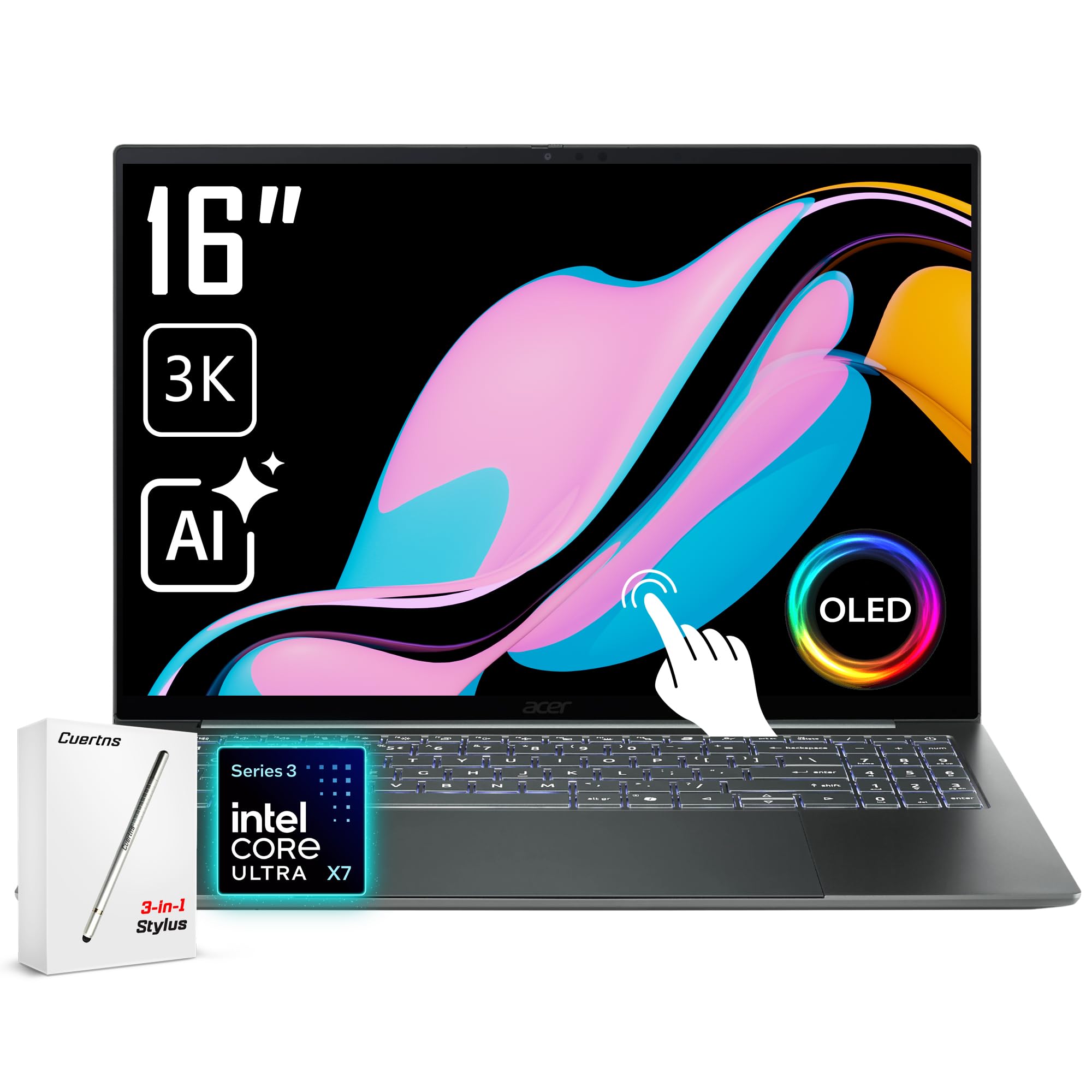 Acer Swift 16 AI S16 AI Business Laptop, 16" 120Hz 3K OLED Touchscreen, Intel Ultra X7 358H 4.8 GHz, Tastiera retroilluminata, Webcam FHD IR, Stylus, Windows 11 Home, Argento (16GB 7467 MHz DDR5 RAM |