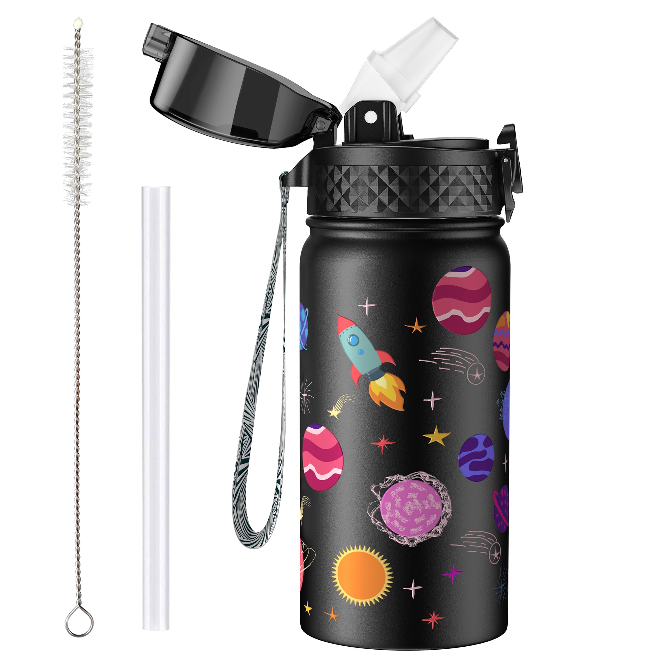 OLDLEY 420ml/14oz Kids Stainless Steel Water Bottle with Straw for School Insulated Metal Water Bottles Leakproof Reusable Double Wall Vacuum Small Flask Keep Drinks Hot Cold for Boys Girls (Space)