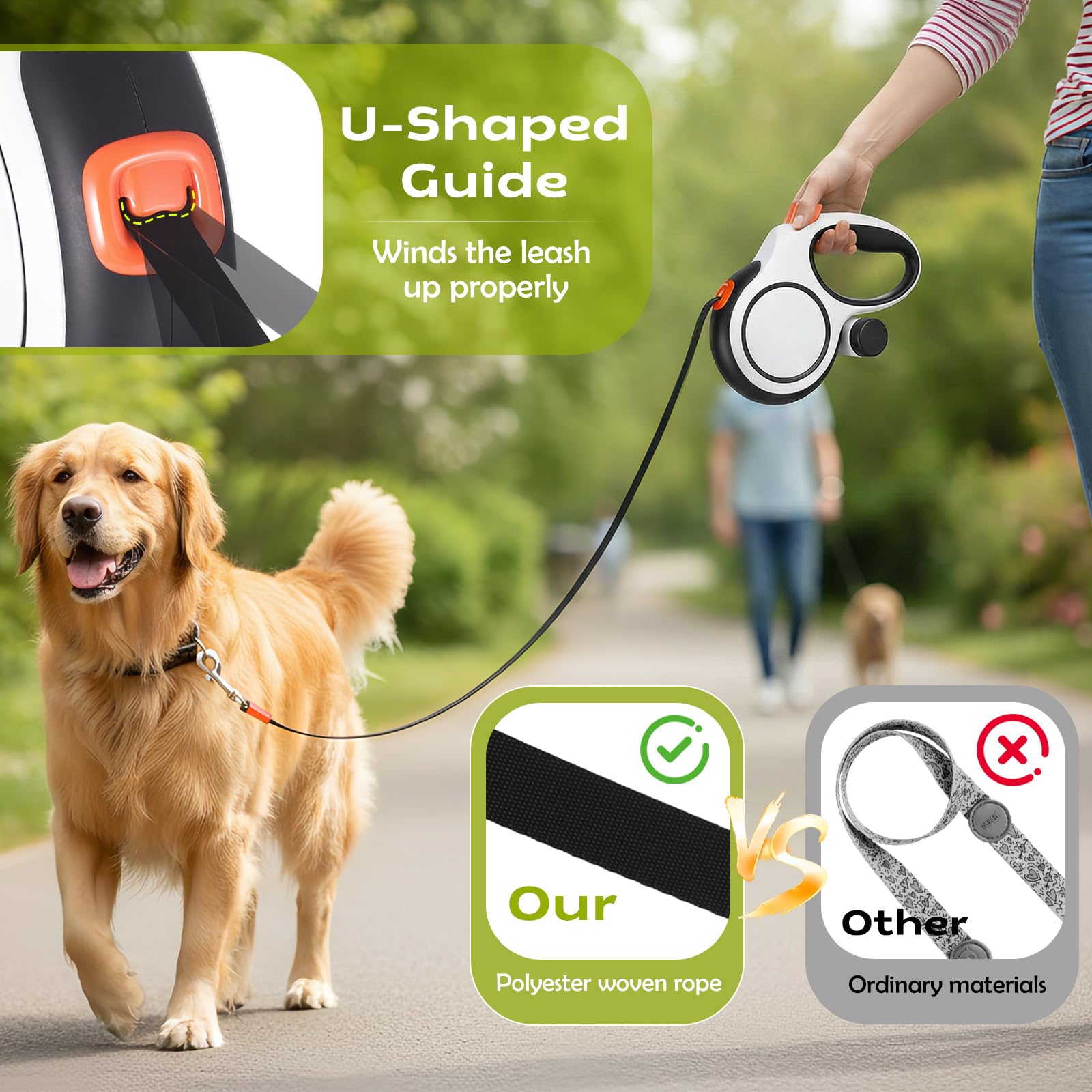Laisse Chien Enrouleur 8m, Laisse Enrouleur pour Chiens Moyens et Grands (Jusqu’à 50kg), Anti-Morsure Laisses pour Chien avec Un Boutton S'arrêter Bloquer et Distributeur de Sacs (Blanc, 8 m)
