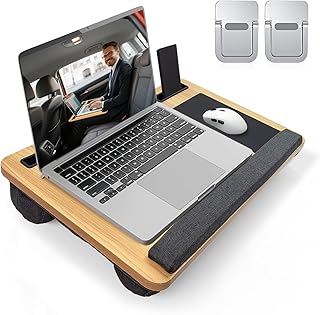 Wooden Laptop Tray Lap Desk with Pillow Cushion, Lapdesk for Bed Sofa with Handy Handle and Mouse Pad, Fits up to 17.3” laptop, with Mini Device Stand - Light Brown