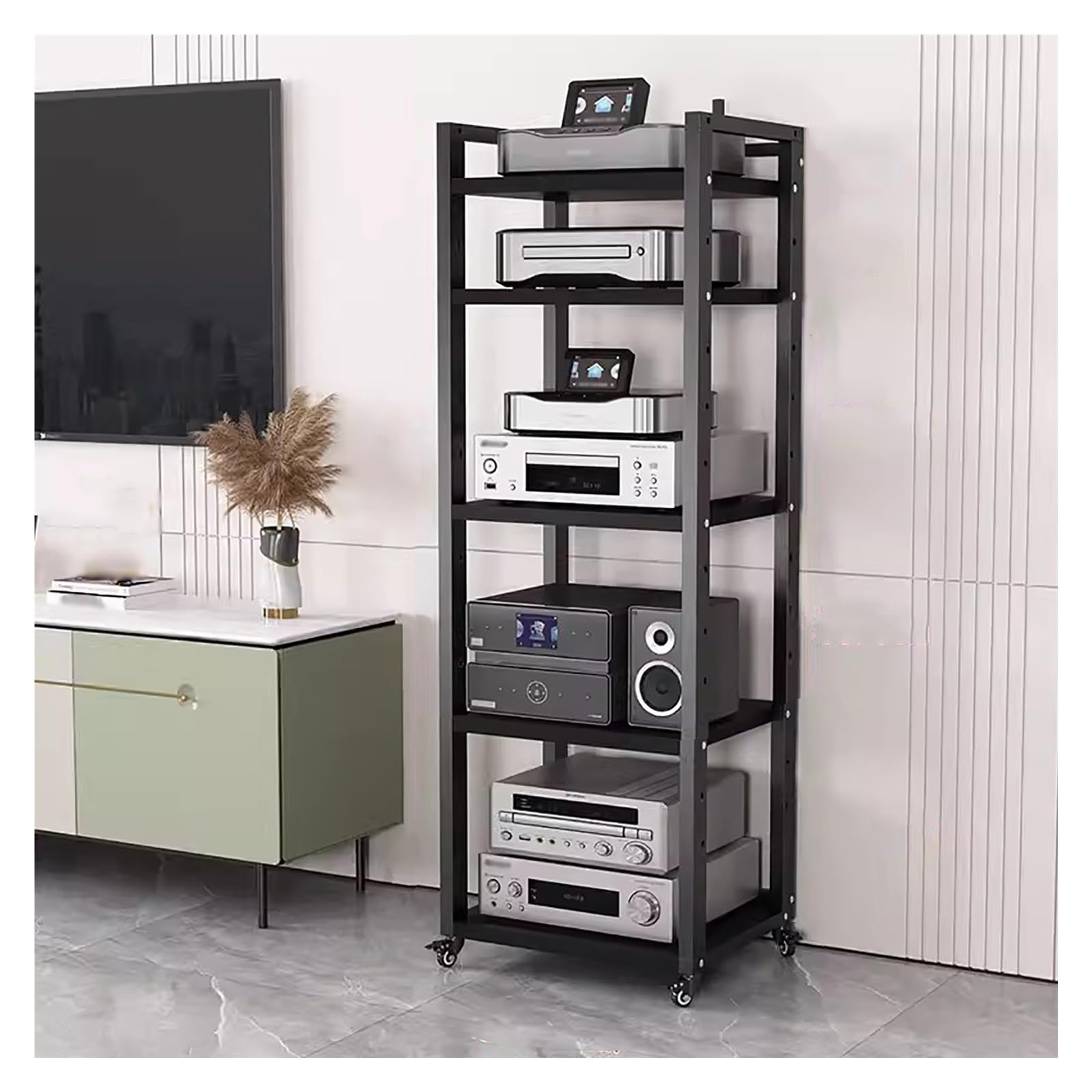 Stojak audio HiFi z regulowanymi półkami i kółkami, kompaktowa pamięć audio-wideo do salonu, stojak na komponenty stereo do małych przestrzeni, nowoczesna konsola multimedialna