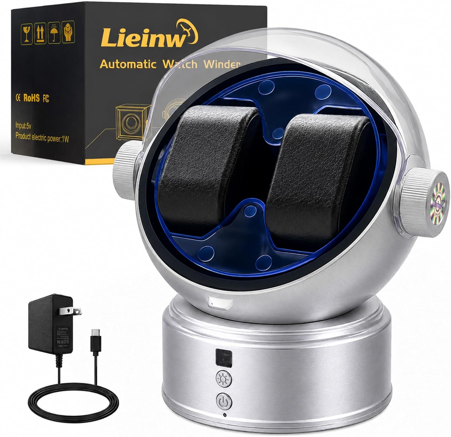 Automatic Watch Winder for Rolex and Men Watches, Astronaut Style Double Winding Watch Box with Japanese Quiet Motor & Blue LED, 2 Slots Rotating Watch Case for Storage, Display & Gifts