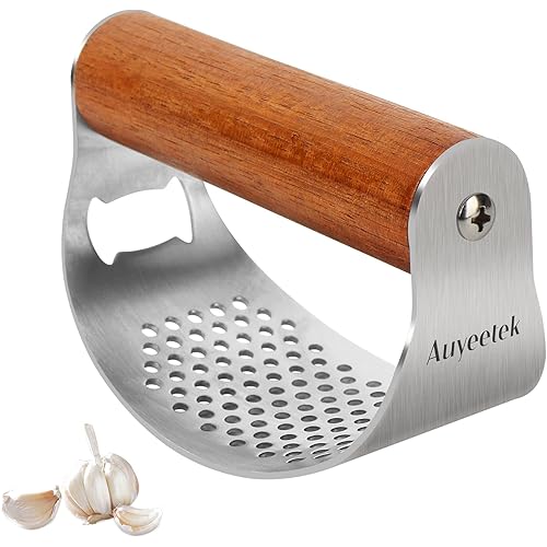 Auyeetek Garlic Press, Stainless Steel Mincer &Crusher Set Heavy Duty Easy Squeeze Clean for Ginger with Professional Ergonomic Handle Cleaning Brush Rust Proof Dishwasher Safe