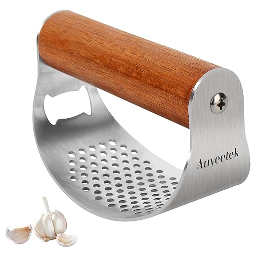 Garlic Press, Stainless Steel Mincer & Crusher Set Heavy Duty Easy Squeeze Clean for Ginger with Professional Ergonomic Handle Silicone Roller Peeler & Cleaning Brush, Rust Proof Dishwasher Safe
