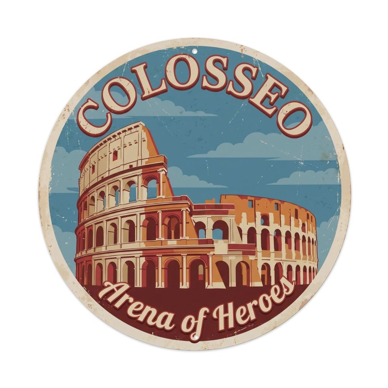 Vintage Travel Colosseum Gladiator Rome Metal Tin Sign Plaque Wall Decor for Cafe, Club, Garden Round Metal Poster 8x8Inch