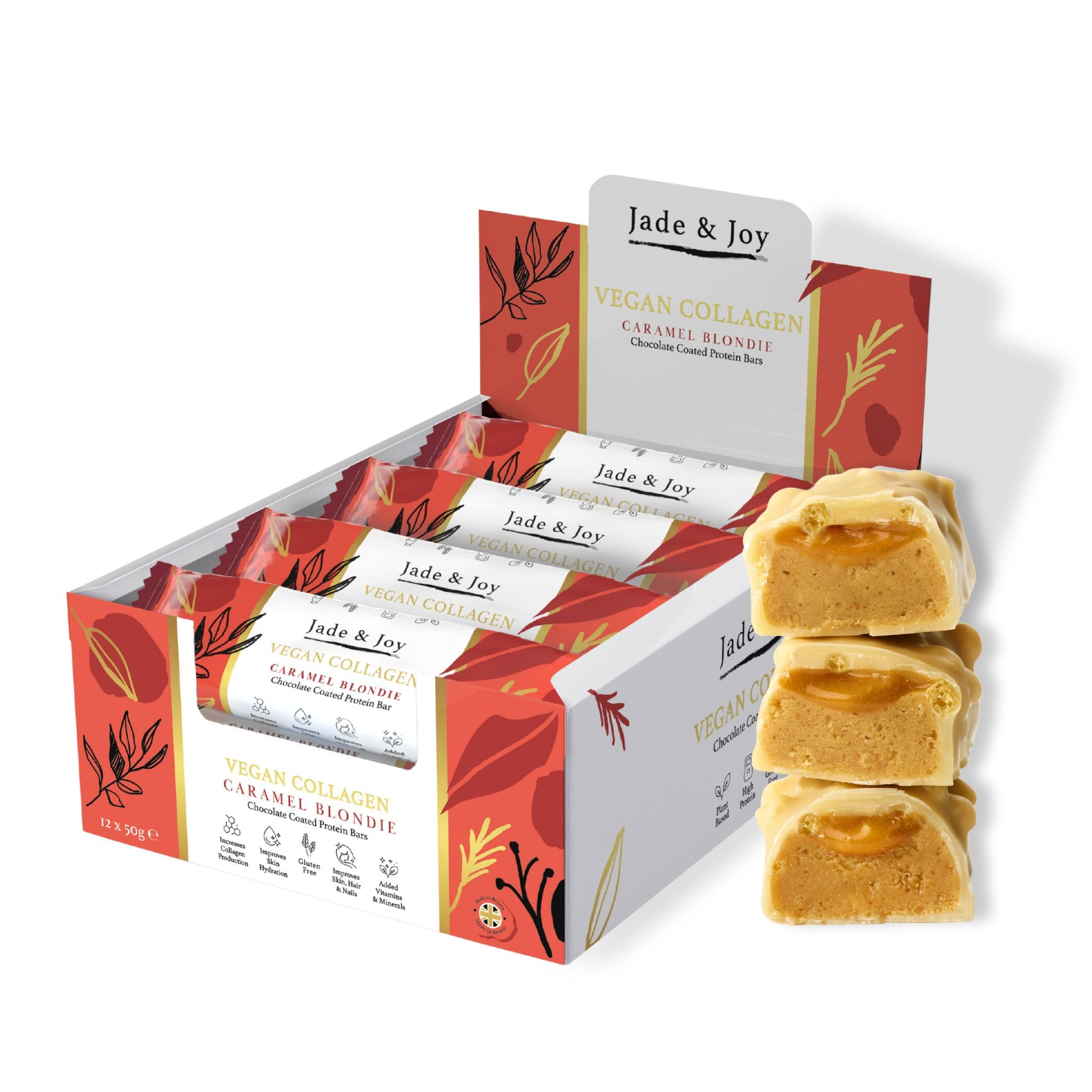 Jade & Joy Collagen Protein Bars, Caramel Blondie, 2.5g Plant Collagen, 15g Protein, Low Sugar, Hyaluronic Acid, Amino Acids, Low Calories, Gluten Free, Dairy Free, Added Vitamins & Minerals, 12x50g