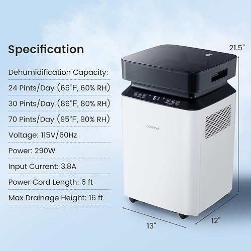 Miniatura 9 de COSTWAY Deshumidificador de 70 pintas con bomba, fácil control de humedad, múltiples opciones de drenaje, temporizador de 24 horas y tanque de agua