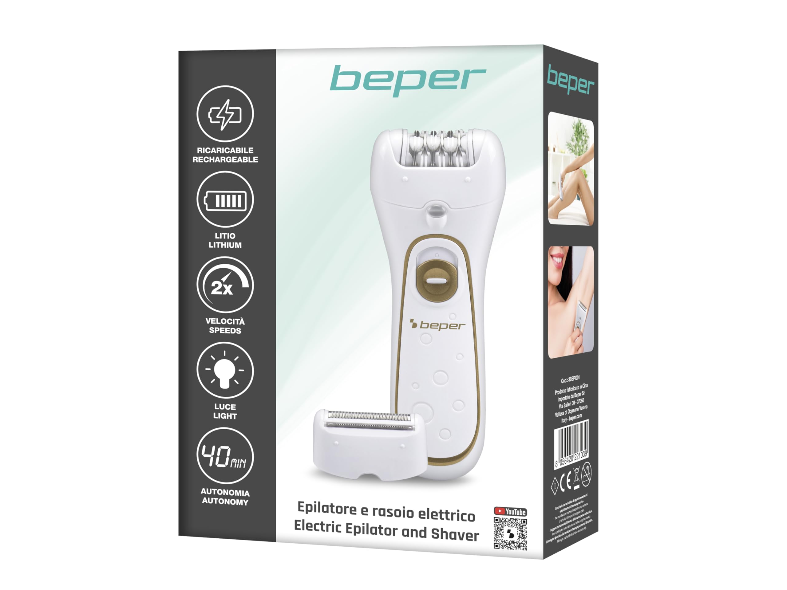 BEPER 3BEPI001 - Depiladora 2en1, Funcionamiento con cable o recargable, Plug&Play, Dos cabezales, Dos velocidades, Afeitadora y Silk-épil, Depilación rápida, Luz, Funda y cepillo incluidos