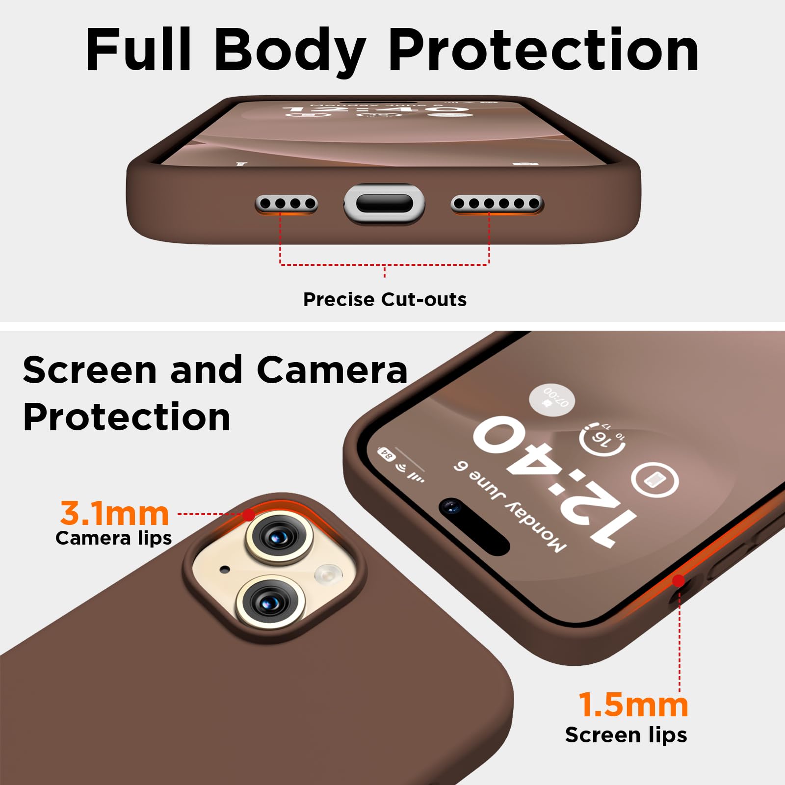 Silikonhülle für iPhone 15 Plus, stoßfest, Rundumschutz, weiches kratzfestes Mikrofaserfutter, ultradünne schlanke Schutzhülle für iPhone 15 Plus 6,7 Zoll, Schokoladenbraun
