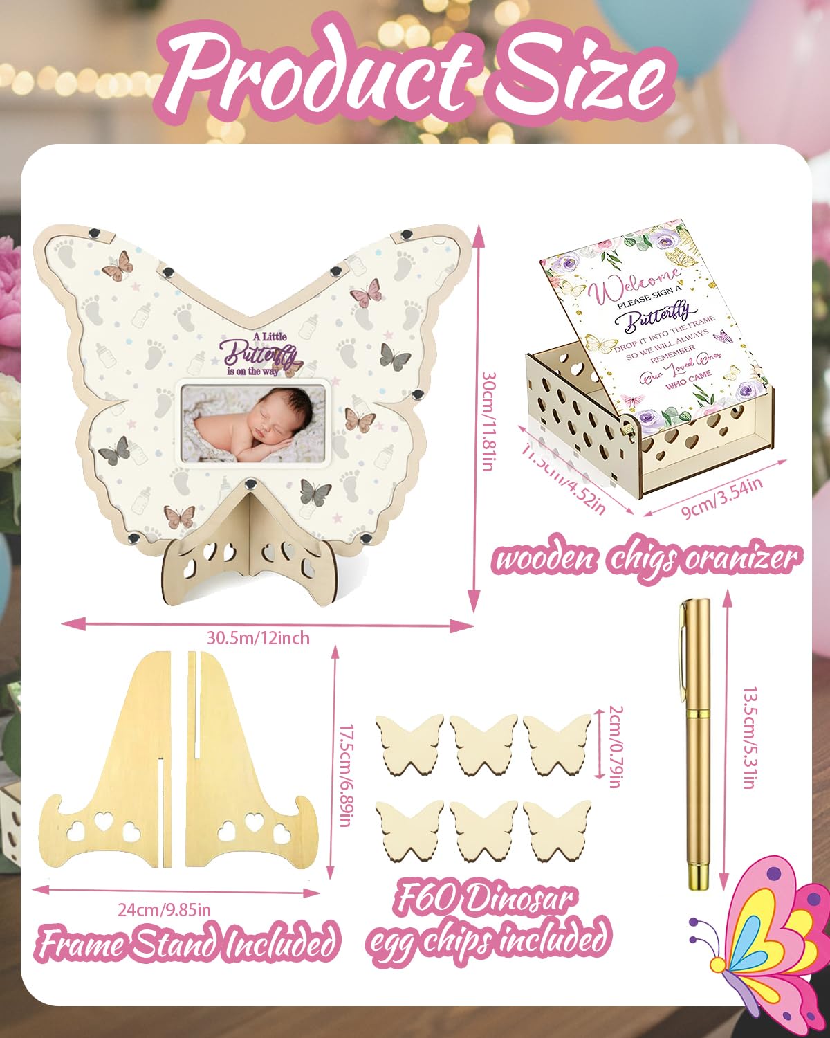 63 pezzi Farfalla Baby Shower Guest Book Alternative Set Decorazioni Baby Shower con Cornice Fotografica Sonogramma Cornice Ricordo 60 Fette di Legno Libro degli ospiti per Compleanno
