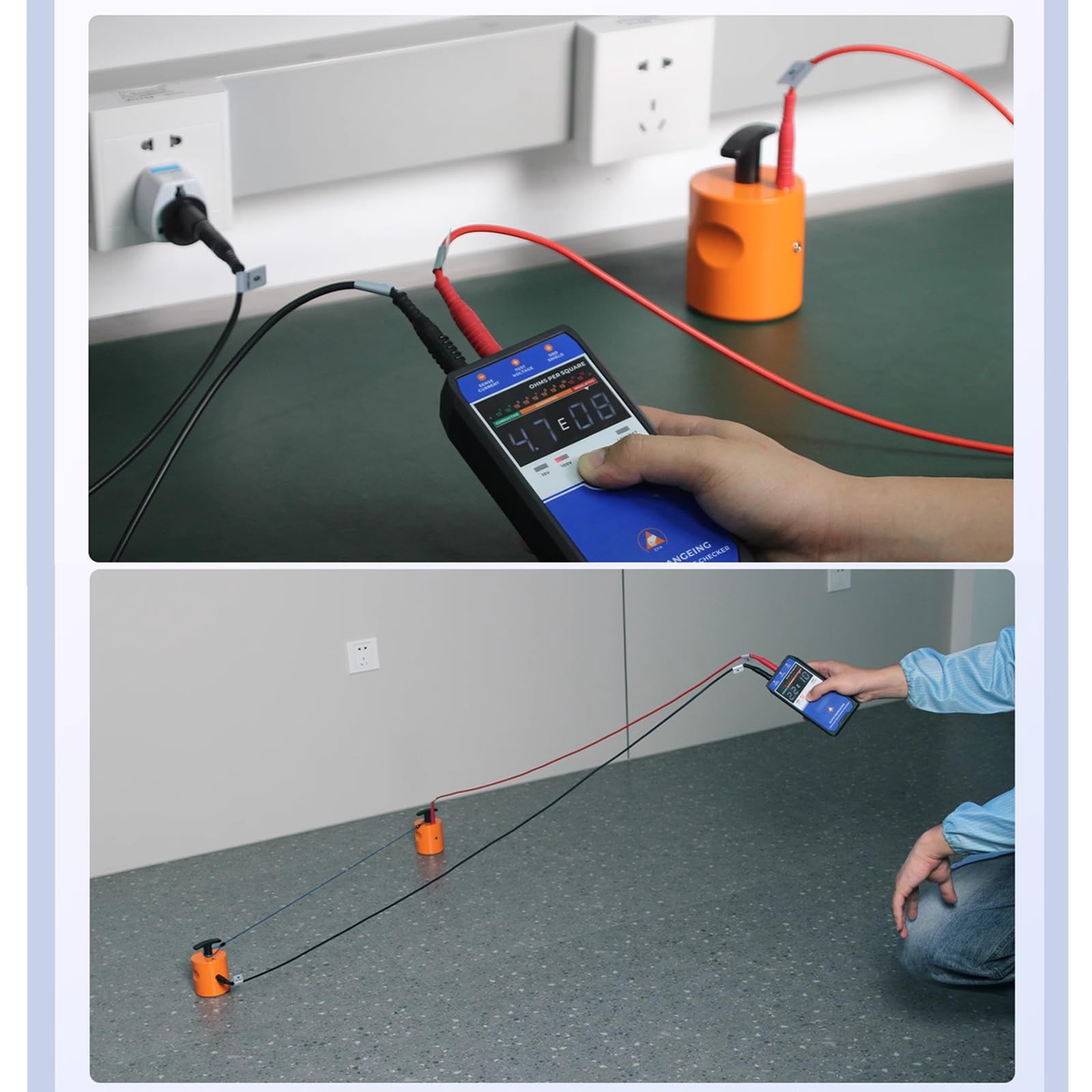 Medidor De Resistencia Superficial, Probador De Resistividad Antiestático, con 2 Martillos Pesados, Cables De Prueba, Pantalla LCD, Rango Automático, para Recubrimientos