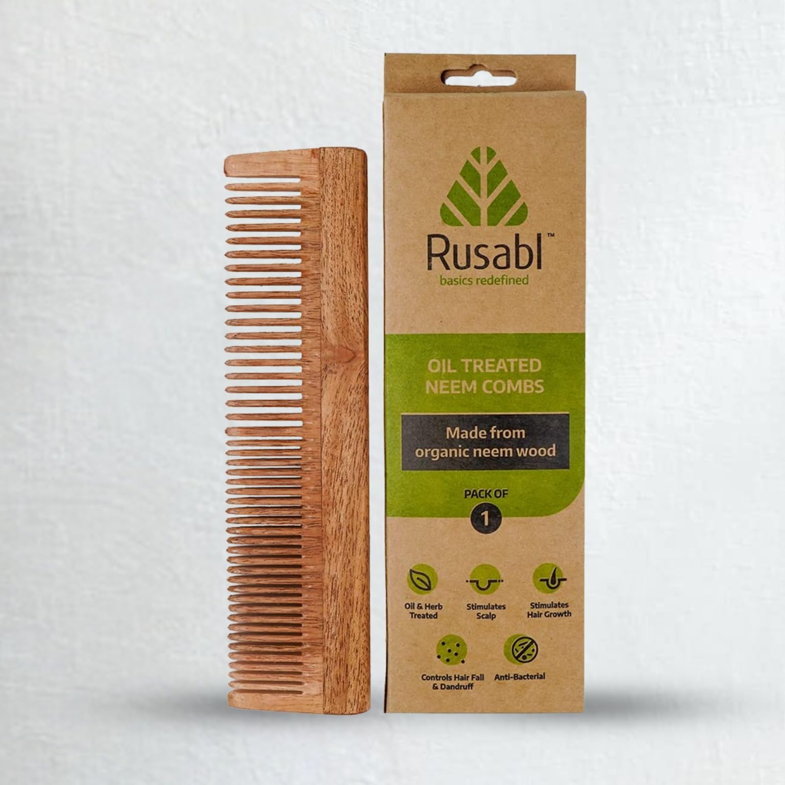 Rusabl Kacchi Neem Wooden Comb For Men & Women (Fine Tooth) Pure Wood, Ideal for Hair Growth, Detangling, Frizz Control & Shine, Suited for All Hair Types