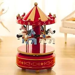 Carrossel Musical Vermelho e Dourado – Caixinha de Música de Corda com 4 Cavalinhos Giratórios | Enfeite de Natal e Presente retrô e clássico