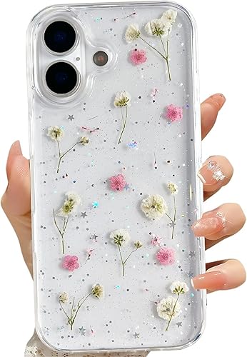Miniatura 59 de Funda transparente para iPhone 16 Pro Max con diseño de flores reales presionadas, patrón floral rosa brillante y lindo, funda protectora de TPU