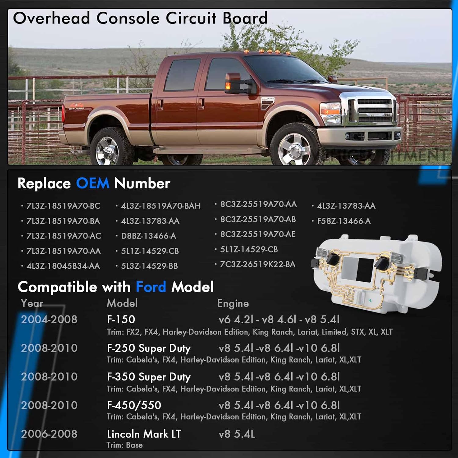 Front Overhead Console Circuit Board Assy Fit for Ford F150 F250 F350 Lincoln Mark LT 2004-2010 Cab Interior Ceiling Dome Headliner Map light Lamp Roof Reading Light Repair Kit Replace# VM2396 829182