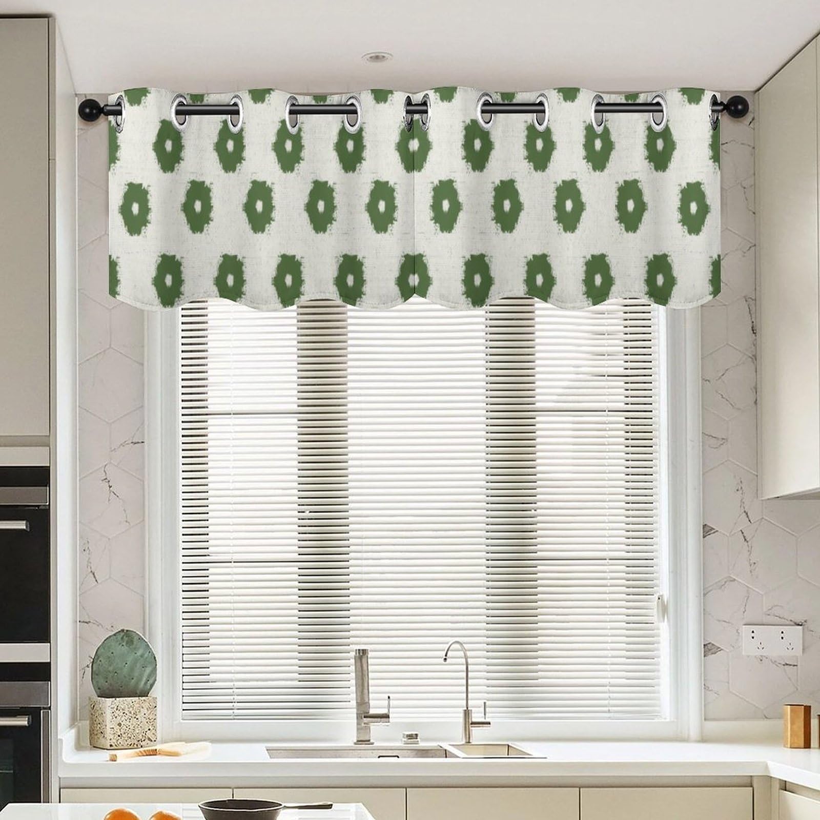 Cortinas cortas Timur con cenefa abstracta verde para decorar salones y dormitorios modernos