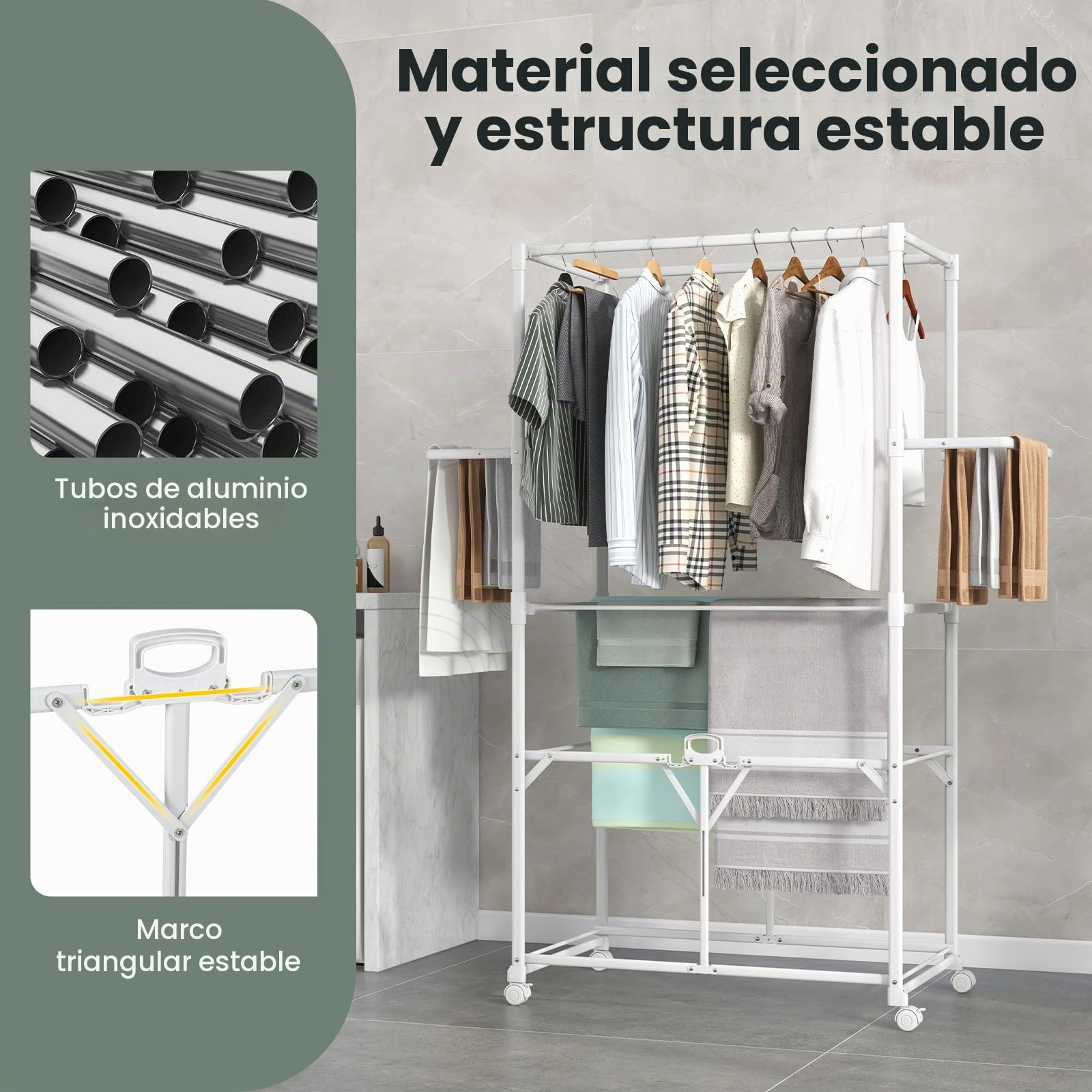 GIANTEX Tendedero Vertical Plegable con Ruedas, Barras para Colgar, 2 Alas Abatibles y Estante Extraíble, Tendedero Portátil para Interior y Exterior, 94 x 49 x 174 cm, Blanco