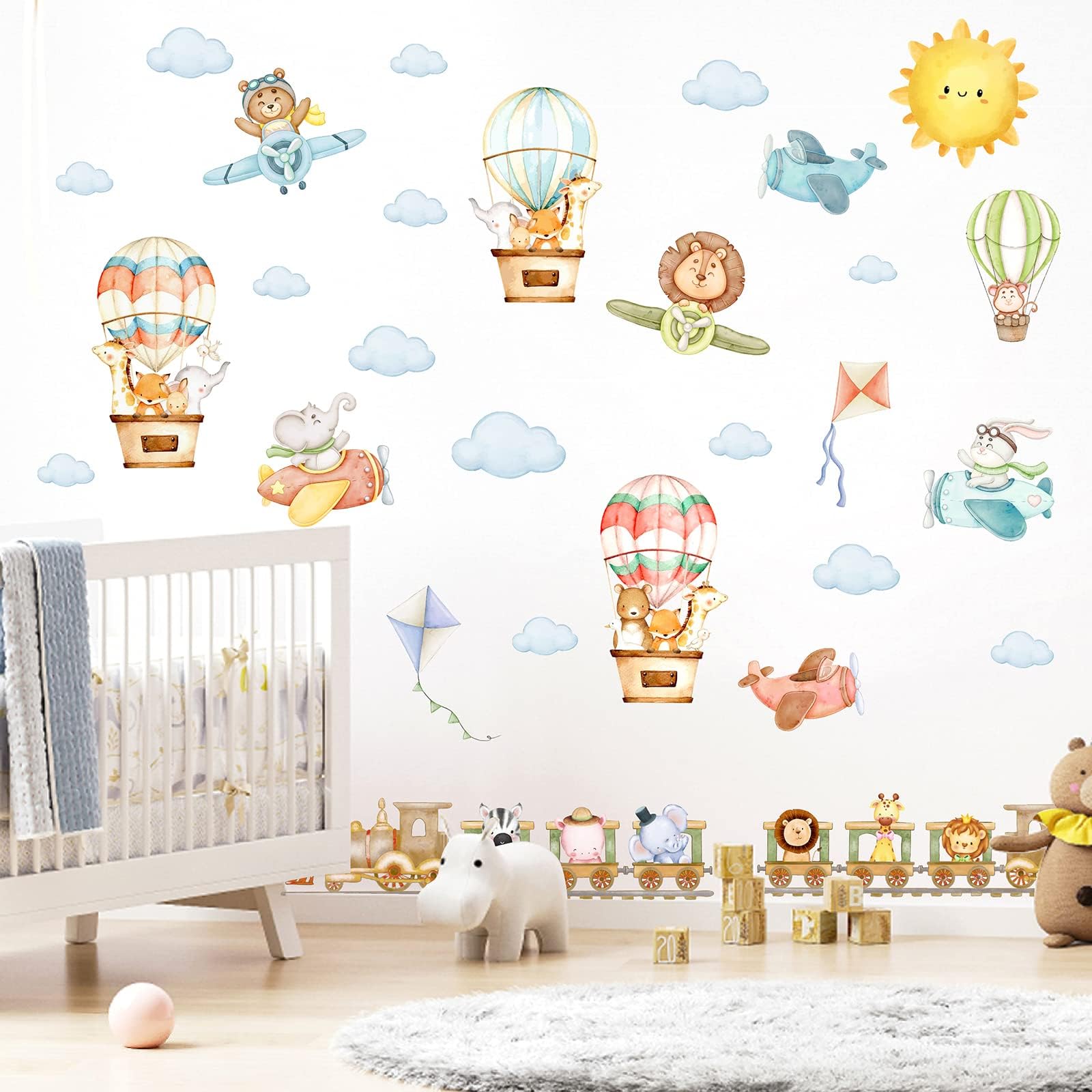 Train Animal Wall Stickers Cartoon Animal Wall Stickers Airplane Hot Air Balloon Wall Decals Watercolor Sun Cloud Wall Decals Cute Balloon Animal Wall Stickers for Nursery Kids Room Playroom Decor