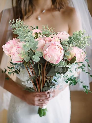 Miniatura 7 de ICBOX 2 ramos de peonías rosadas, peonías falsas rosas, 14 cabezas, peonías sintéticas con tallos para decoración de bodas, ramo de novia,