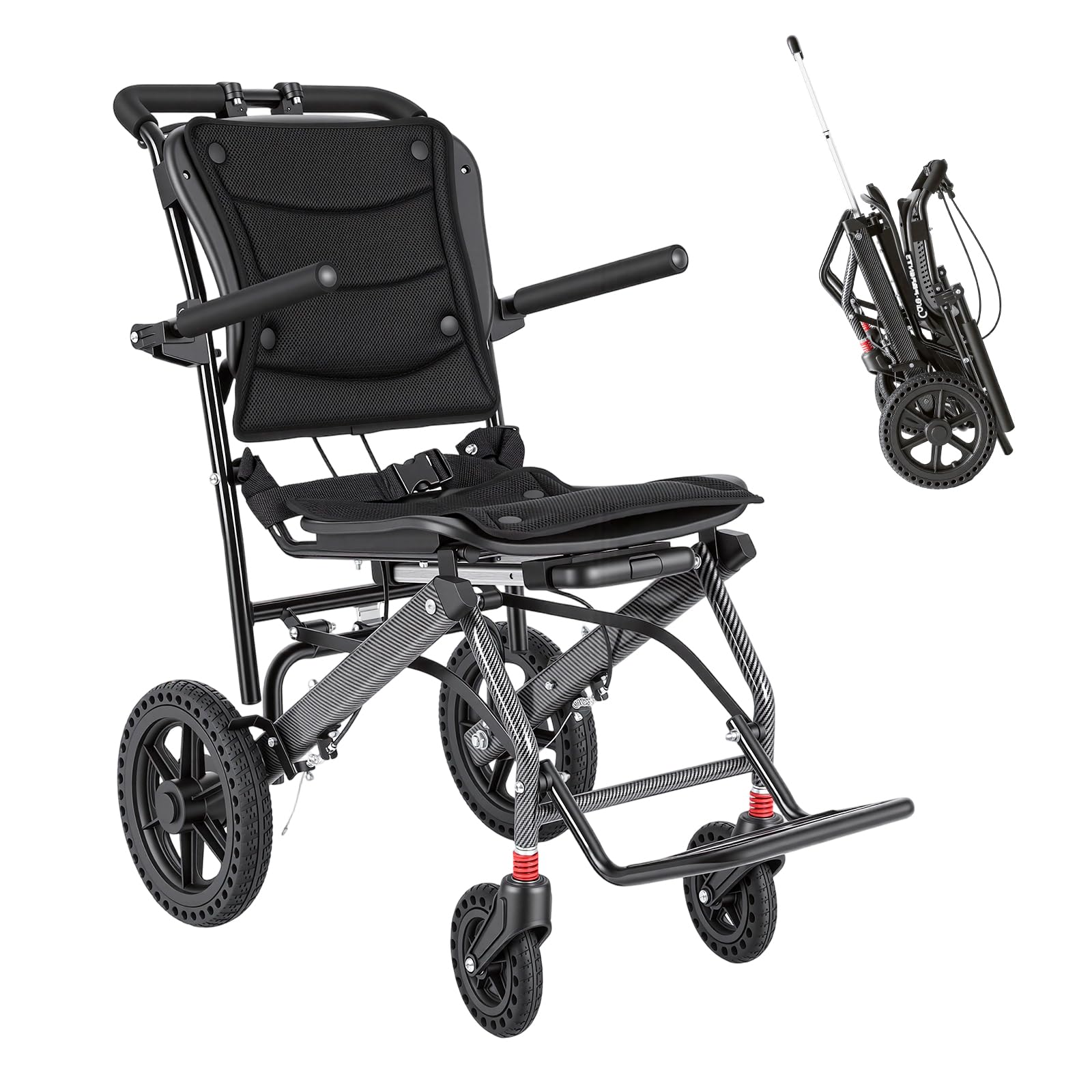 Care-parents Sedia a rotelle pieghevole leggera, 10,5 kg, larghezza della seduta 41 cm, sedia a rotelle da viaggio con asta estensibile, sedia a rotelle da trasporto sottile per appartamento, compatta