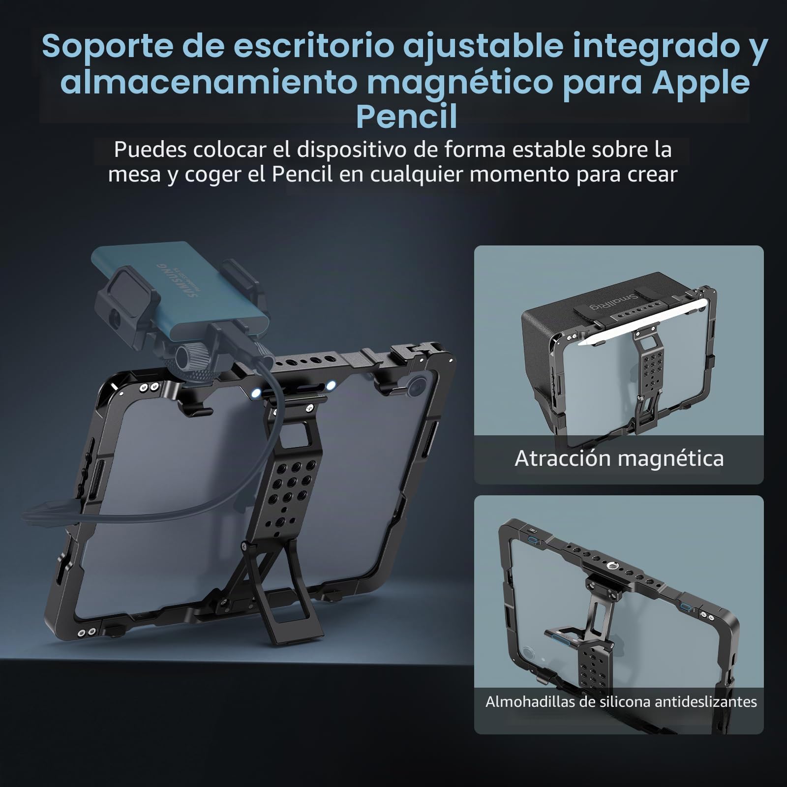SMALLRIG Jaula de Metal para iPad Mini 6 / A17 Pro, Adaptador de Montaje en Trípode para iPad con Orificios de 1/4"-20, 3/8"-16, Montaje en Zapata Fría, con Parasol - 5058