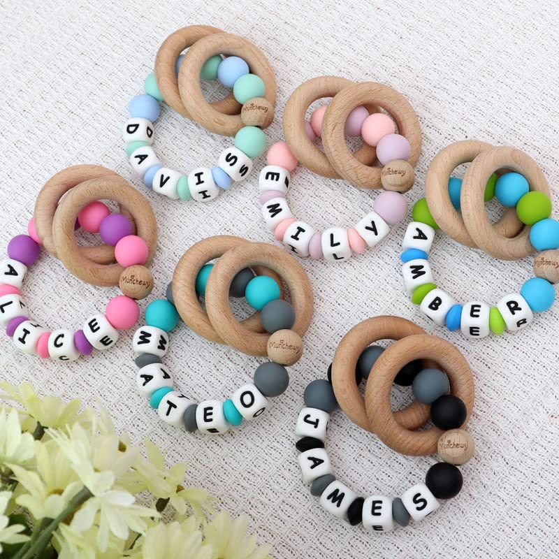 Personalized Baby Teether Ring with Name Custom Rattle (Light Pink) image 4
