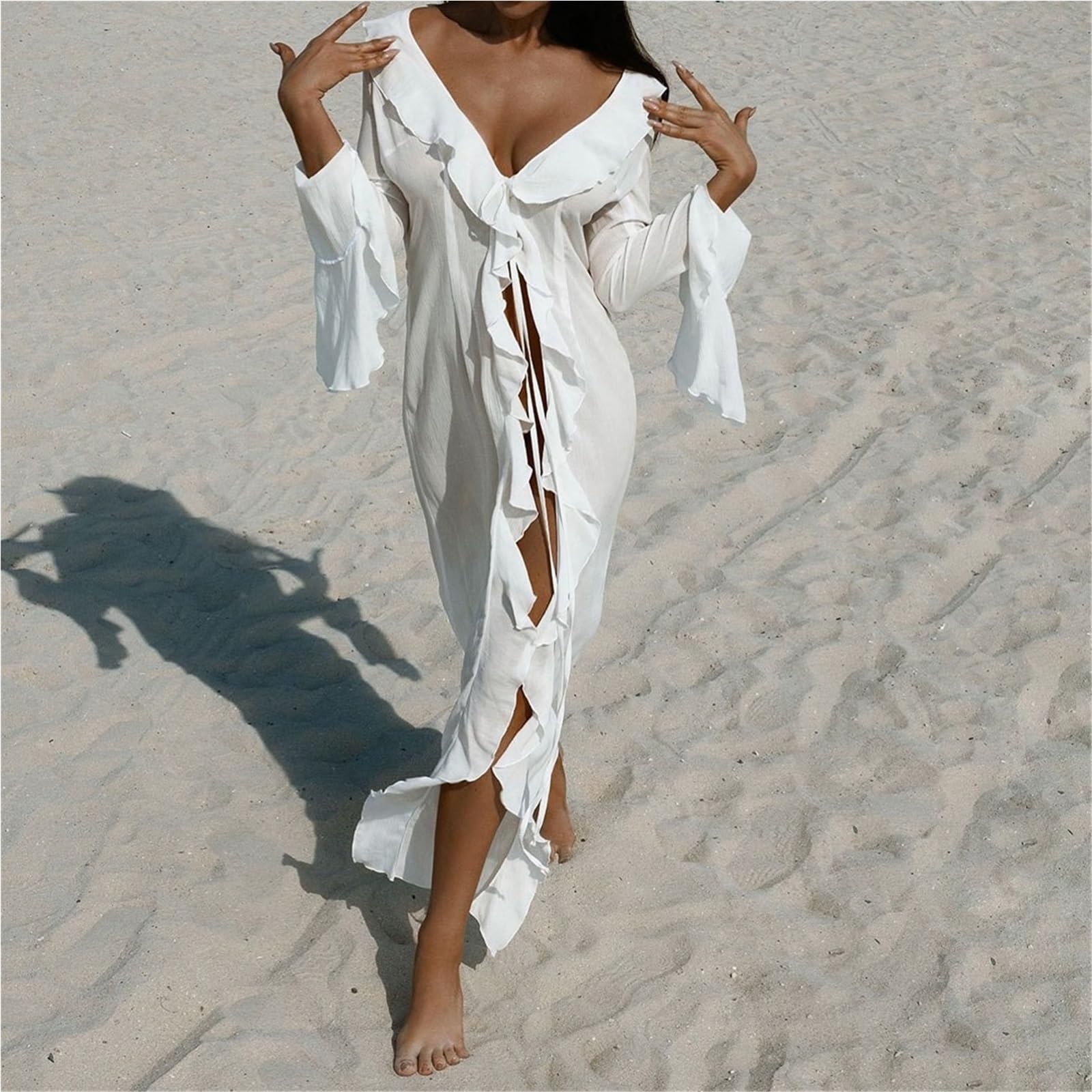 Copricostume Lungo in Chiffon Copricostume da Spiaggia a Tunica in Chiffon a Maniche Lunghe con Volant Scollo a V. Abito Donna, Abbigliamento Femminile