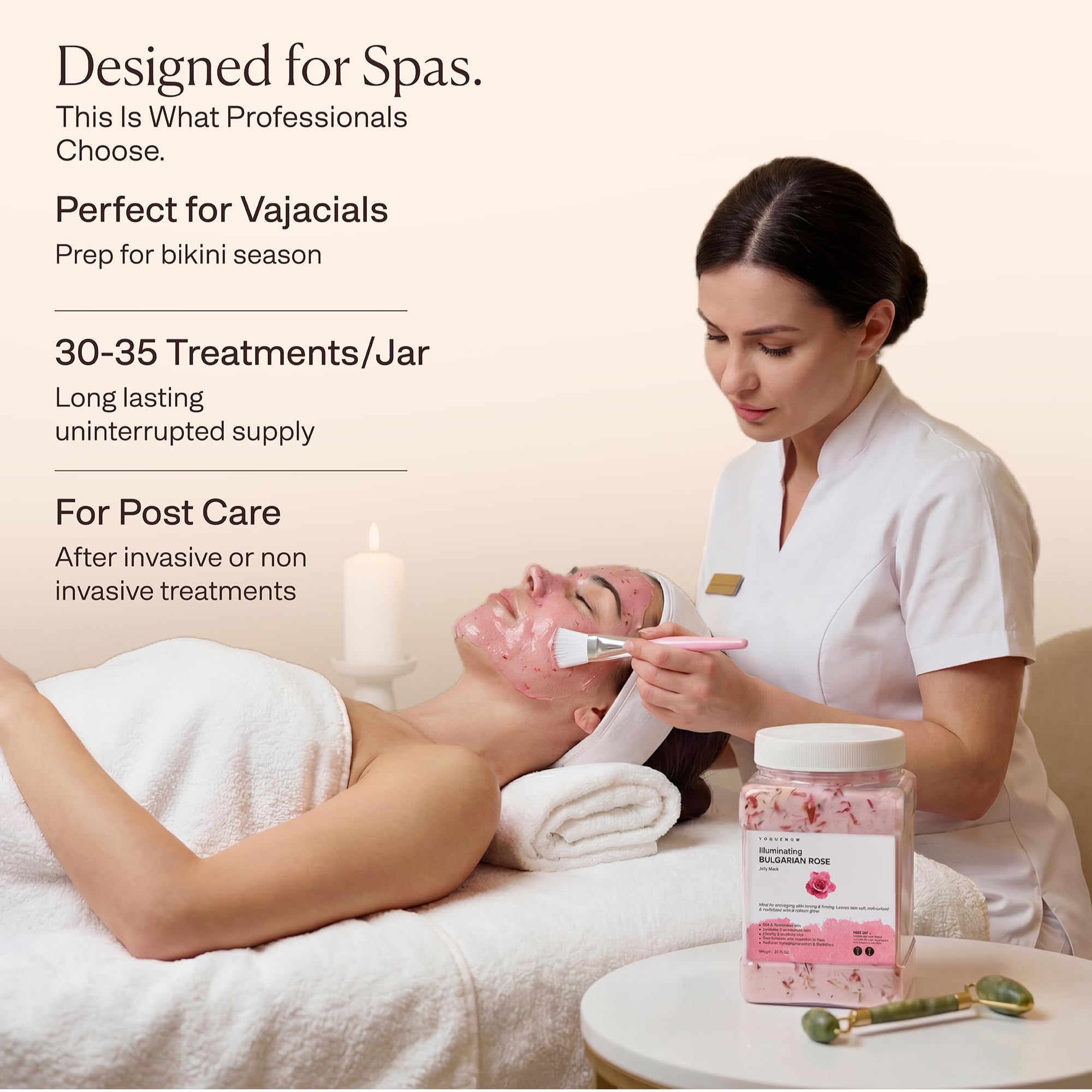 VogueNow Mascarilla facial de gelatina para tratamientos faciales - Mascarilla de gelatina hidratante, iluminadora y nutritiva de rosa búlgara con rodillo de jade y espátula gratis (Juego de 3 piezas)