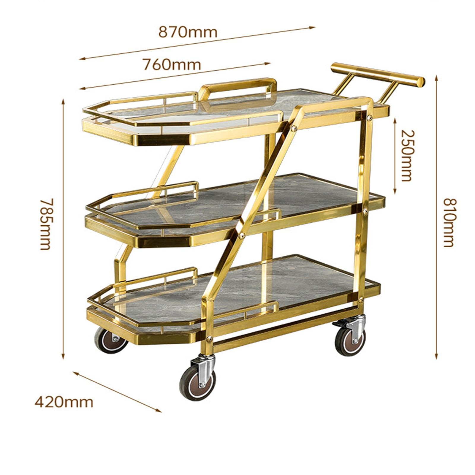 Carrello Bar a 3 Ripiani con Ruote bloccabili e Maniglia Rinforzata, Carrello Multiuso Mobile per Cucina, Sala da Pranzo, Ristorante, Catering, Snack e Bevande.