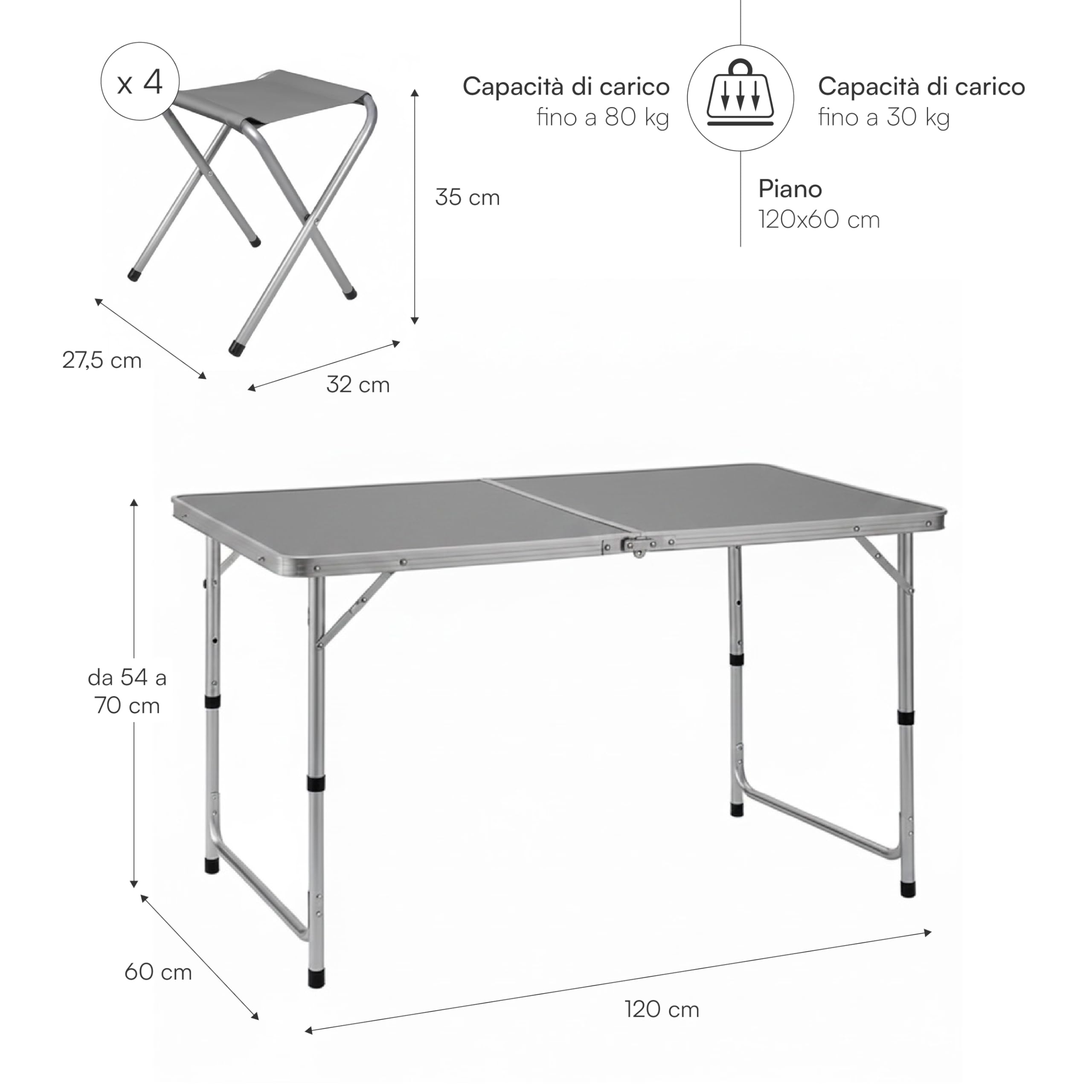 Baroni Home Tavolo Pieghevole da Campeggio con 4 Sedie Richiudibili, Tavolino Portatile in Alluminio con Piano in MDF, Leggero, Ideale per Campeggio, Spiaggia, Picnic e Outdoor, Tavolo Grigio 120 cm