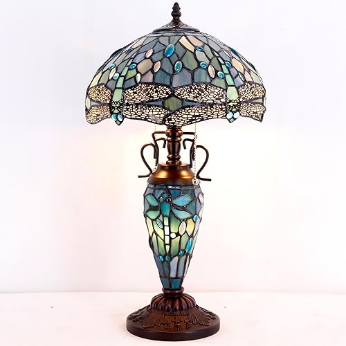 Miniatura 5 de WERFACTORY Tiffany - Lámpara de mesa estilo libélula azul mar, 12 x 12 x 22 pulgadas, florero para madre e hija, decoración de escritorio, luz de