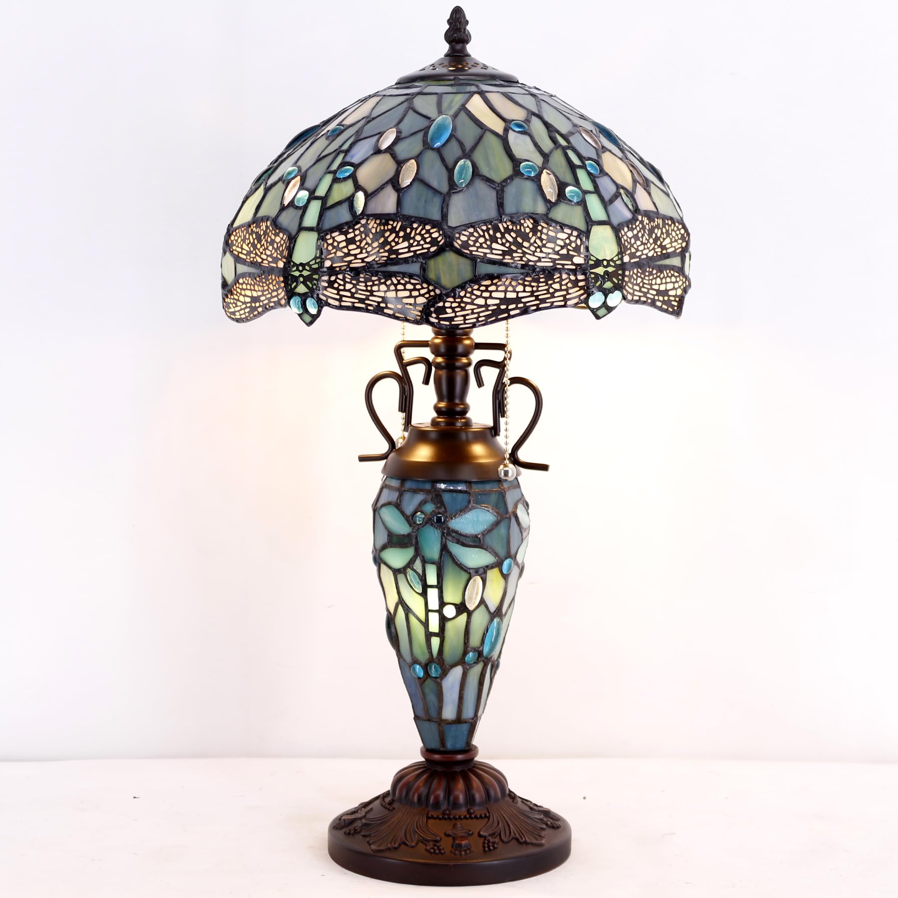 WERFACTORY Tiffany Table Lamp Sea Blue Stained Glass Dragonfly Style 12X12X22 Inches Mother-Daughter Vase Desk Reading Light Decor — view 5