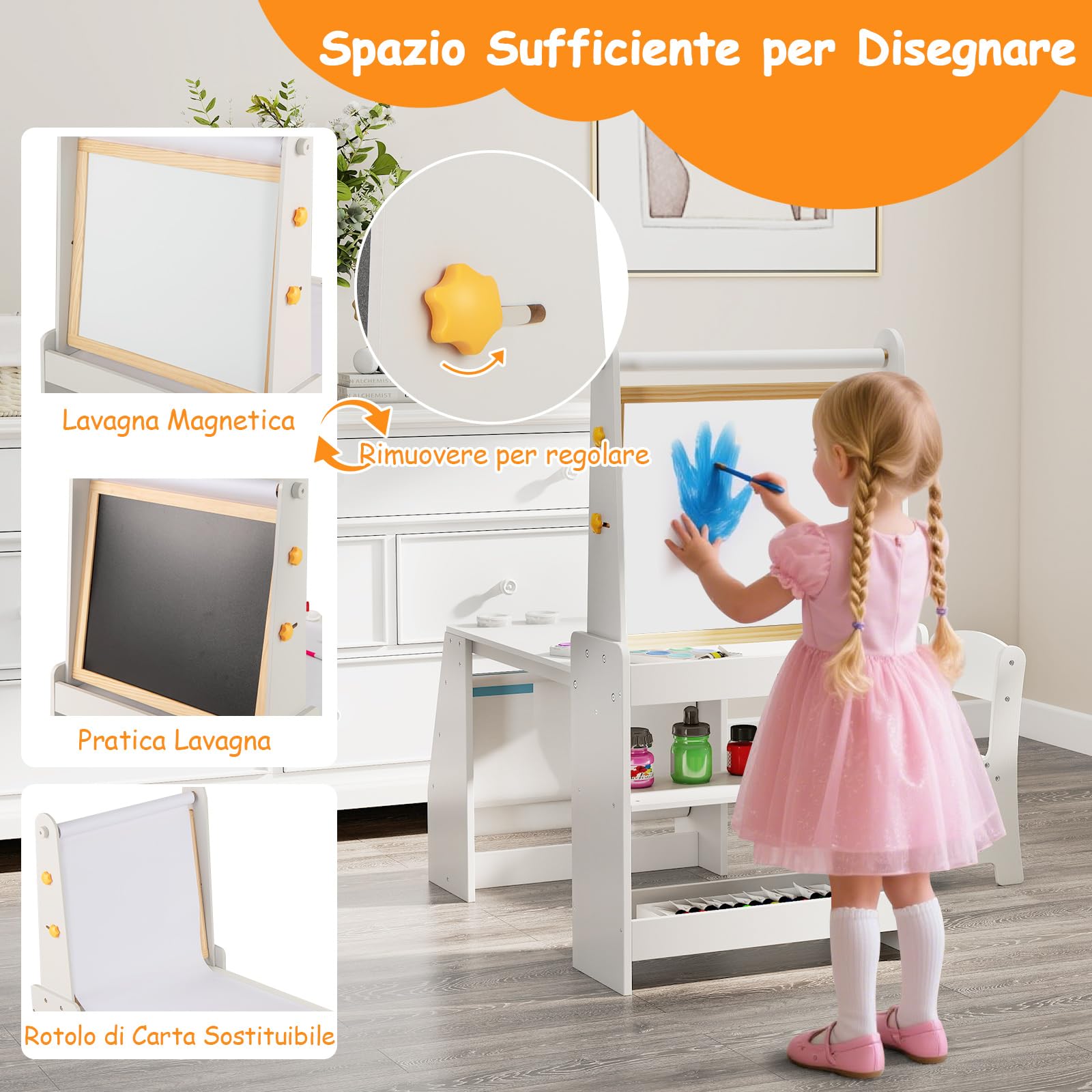 COSTWAY Set 3 in 1 Tavolo e Sedia per Bambini 3+ Anni, Tavolo in Legno Sicuro con Lavagna, Sedia, Lavagna Bianca, Rotolo di Carta, 2 Ripiani Aperti e Libreria a 2 Ripiani, Ideale per Disegno (Grigio)