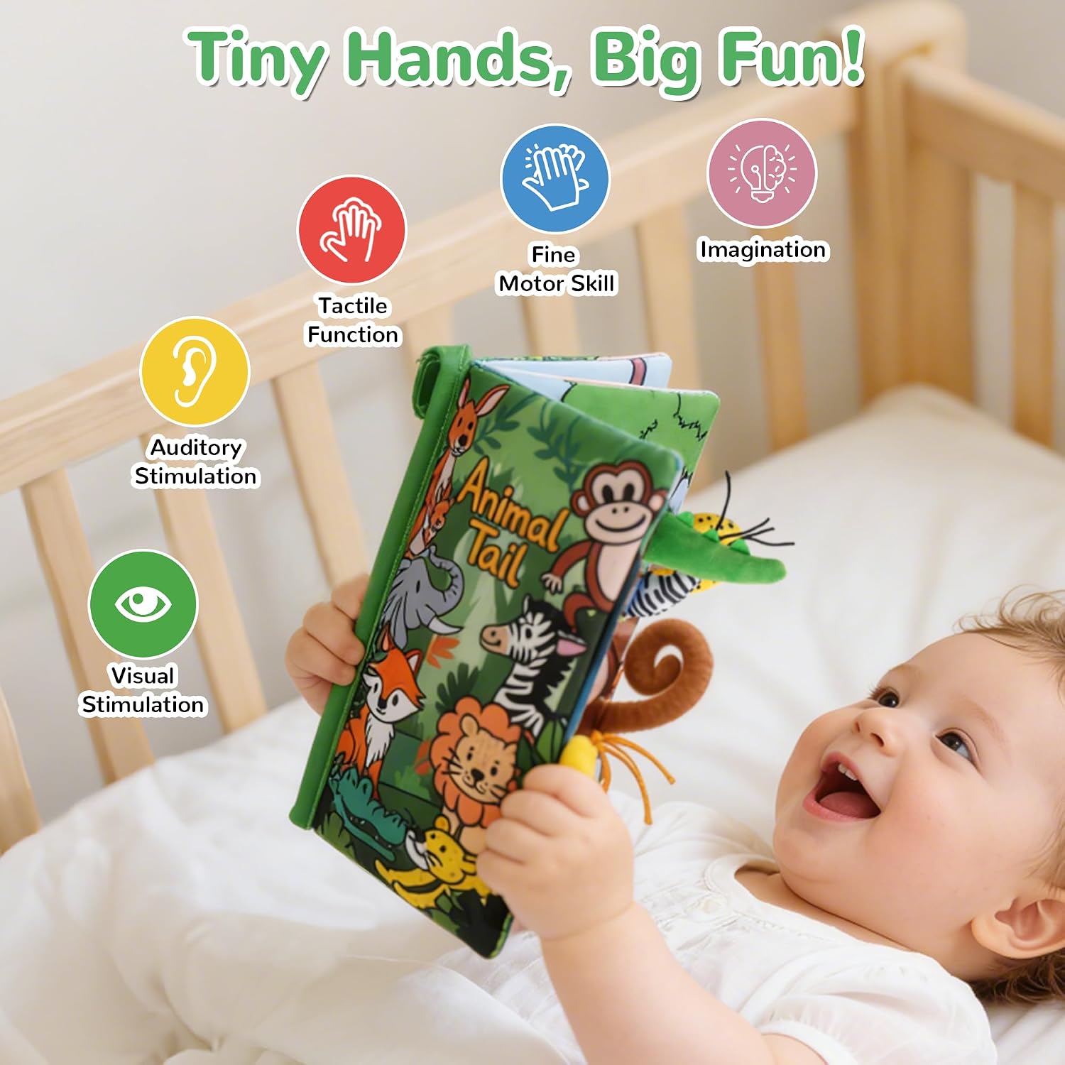 HECCEI Baby Cloth Books Soft Baby Book 0-6 Months Crinkle Books with Plush Tails & Animal Tails Touch and Feel Tummy Time Sensory Toys image 3