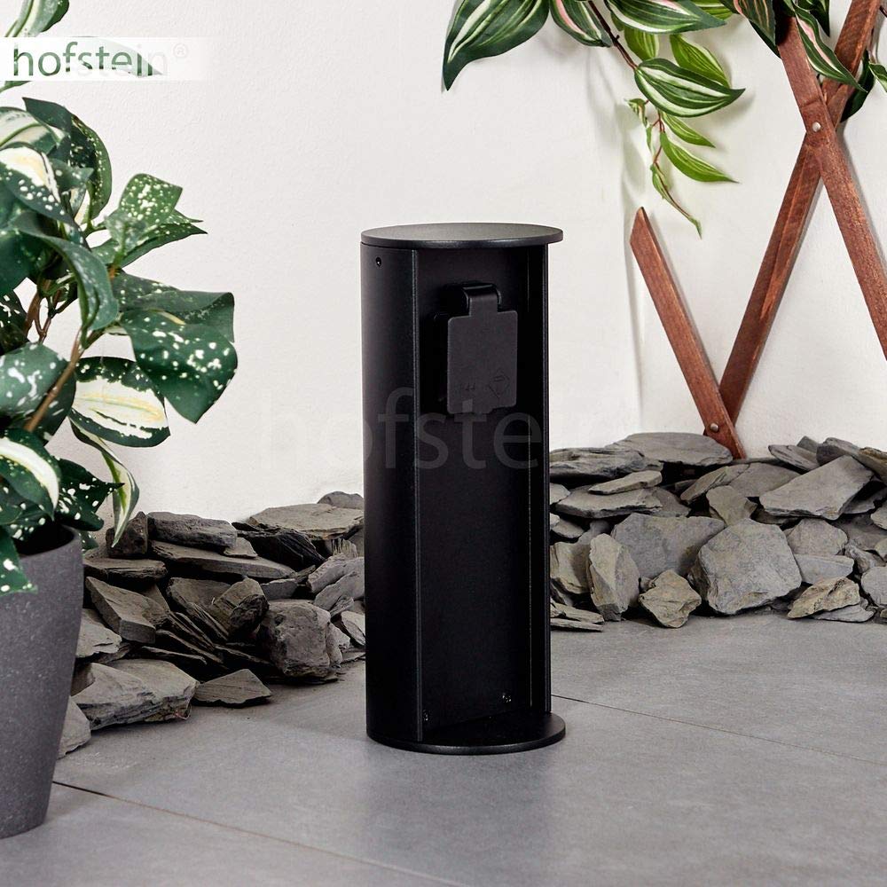 Steckdosensäule Stewart, zylindrische Säule aus Metall in schwarz, 1-fach Steckdose mit einer Höhe von 25,5 cm, Gartensteckdose mit Klappdeckel, IP44, 16A/250V Anschluss