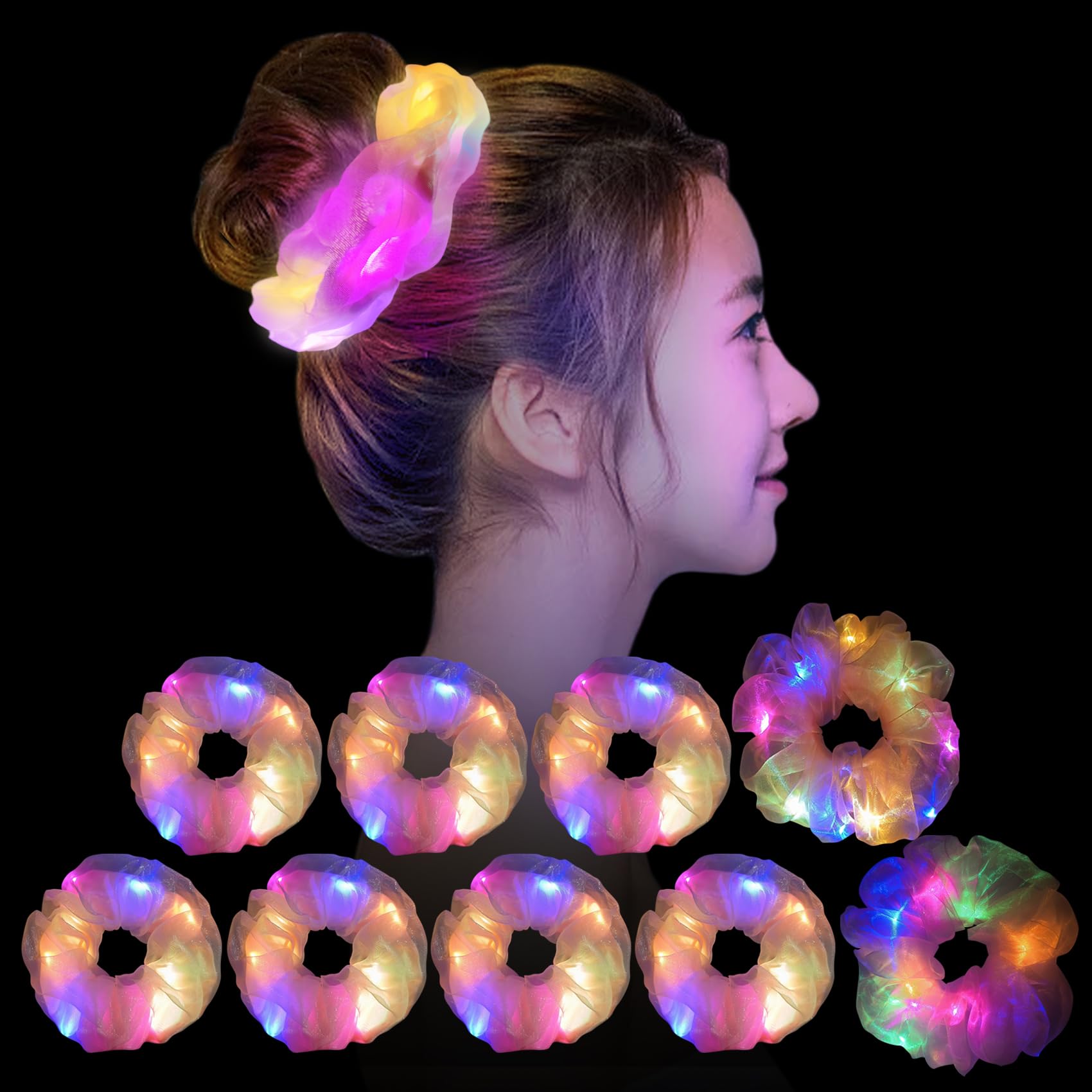 Light Up Pink Scrunchies - Camping Gifts LED Scrunchie for Women & Girls - Neon Outfit, Glow in the Dark Hair Accessories - Cute Hair Ties - Perfect