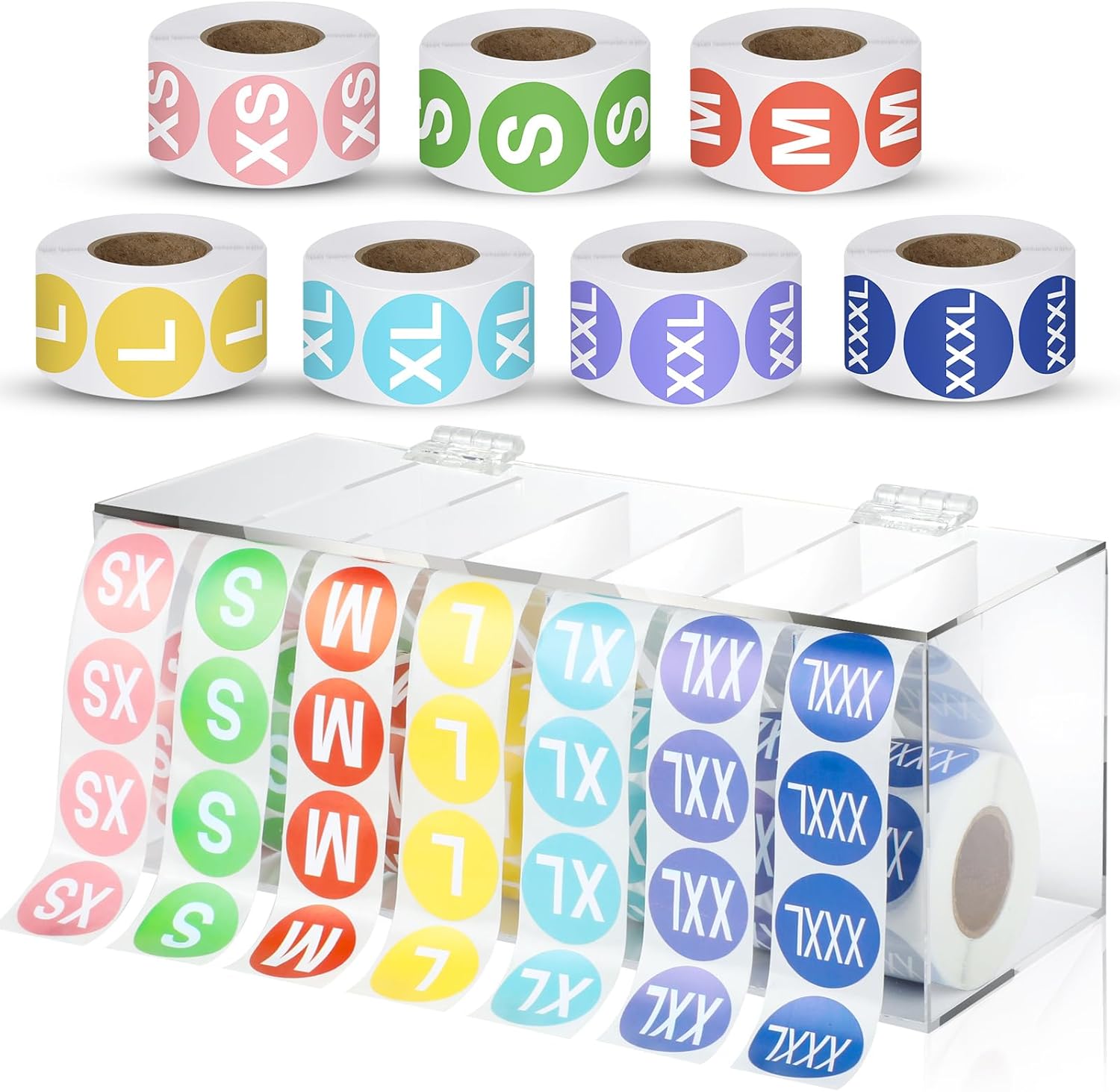 3500 Pieces Size Stickers Labels Holder Labels Organizer Acrylic Sticker Roll Dispenser Tshirt Size Stickers for Clothing T Shirts Retail 7 Size（XS S M L XL 2XL 2XL） (Color)