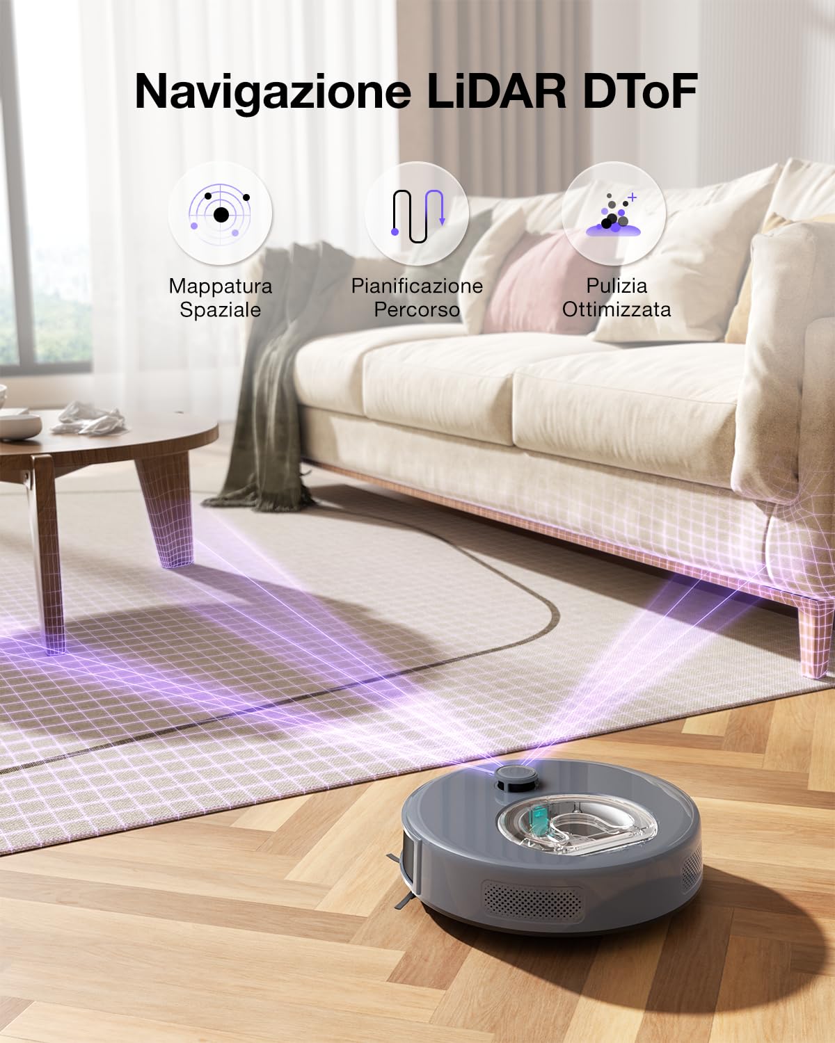 OKP L7 Robot Aspirapolvere, LiDAR DToF con Mappatura Intelligente, 6000Pa, 150 Minuti, Design Compatto, App/WiFi, Zone No-Go, Ideale per Peli di Animali, Pavimenti Duri e Tappeti