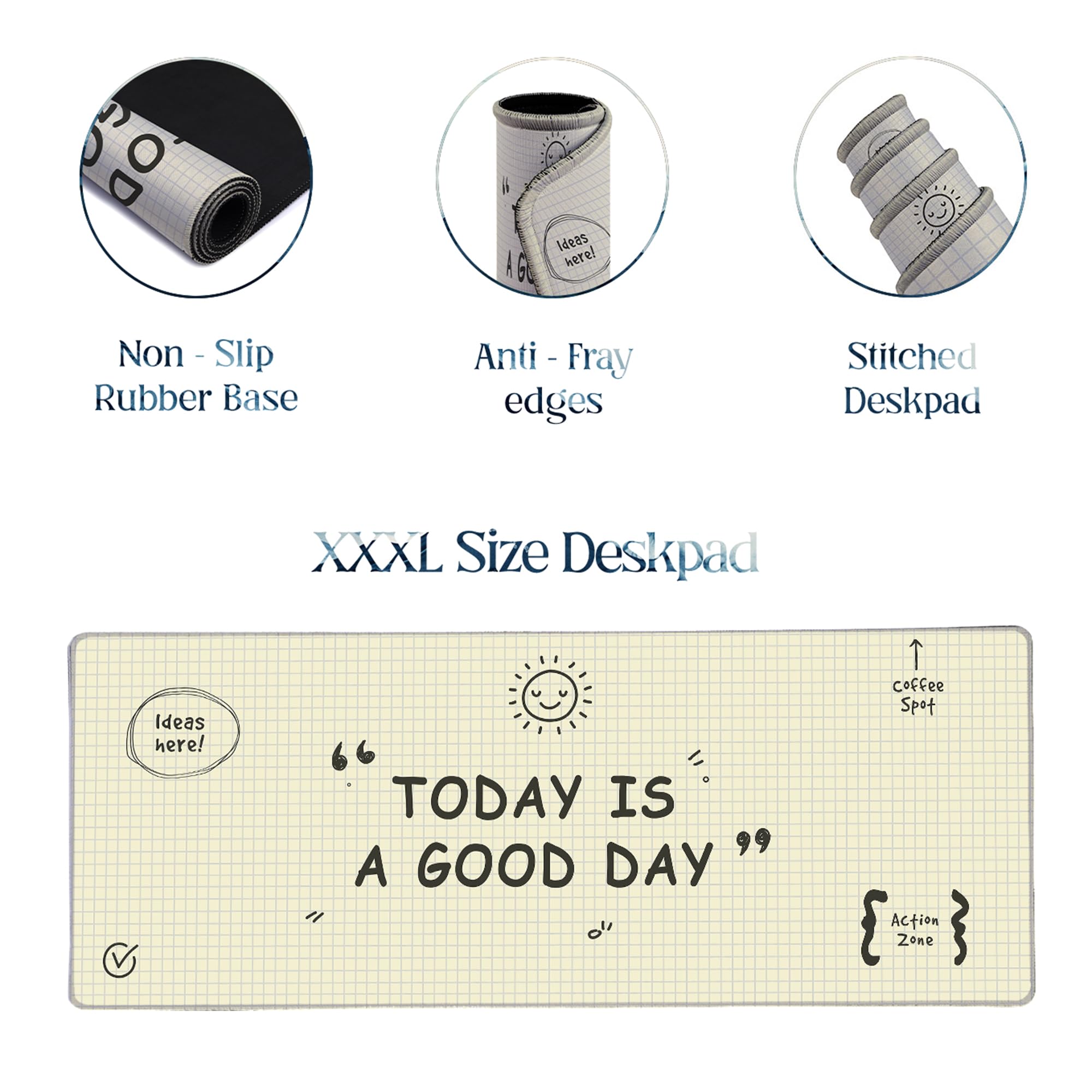 SoulAbiti Good Day Grid Sketchbook Extended Desk Pad (36x14 Inch) - Minimalist Home Office XXL Mouse Pad - Non-Slip Rubber Base & Stitched Edges 2