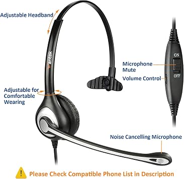 Wantek Corded Telephone Headset Mono w/Noise Canceling Mic for ShoreTel Plantronics Polycom Zultys Toshiba NEC Aspire Dterm Nortel Norstar Meridian Siemens ROLM Packet8 Landline Deskphones(F600S2)