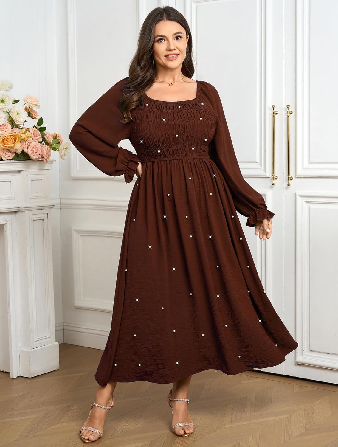 SCOMCHIC Women's Plus Size Maxi Dress Long Sleeve Pearl Square Neck Flowy A Line Wedding Guest Dresses - Image 2